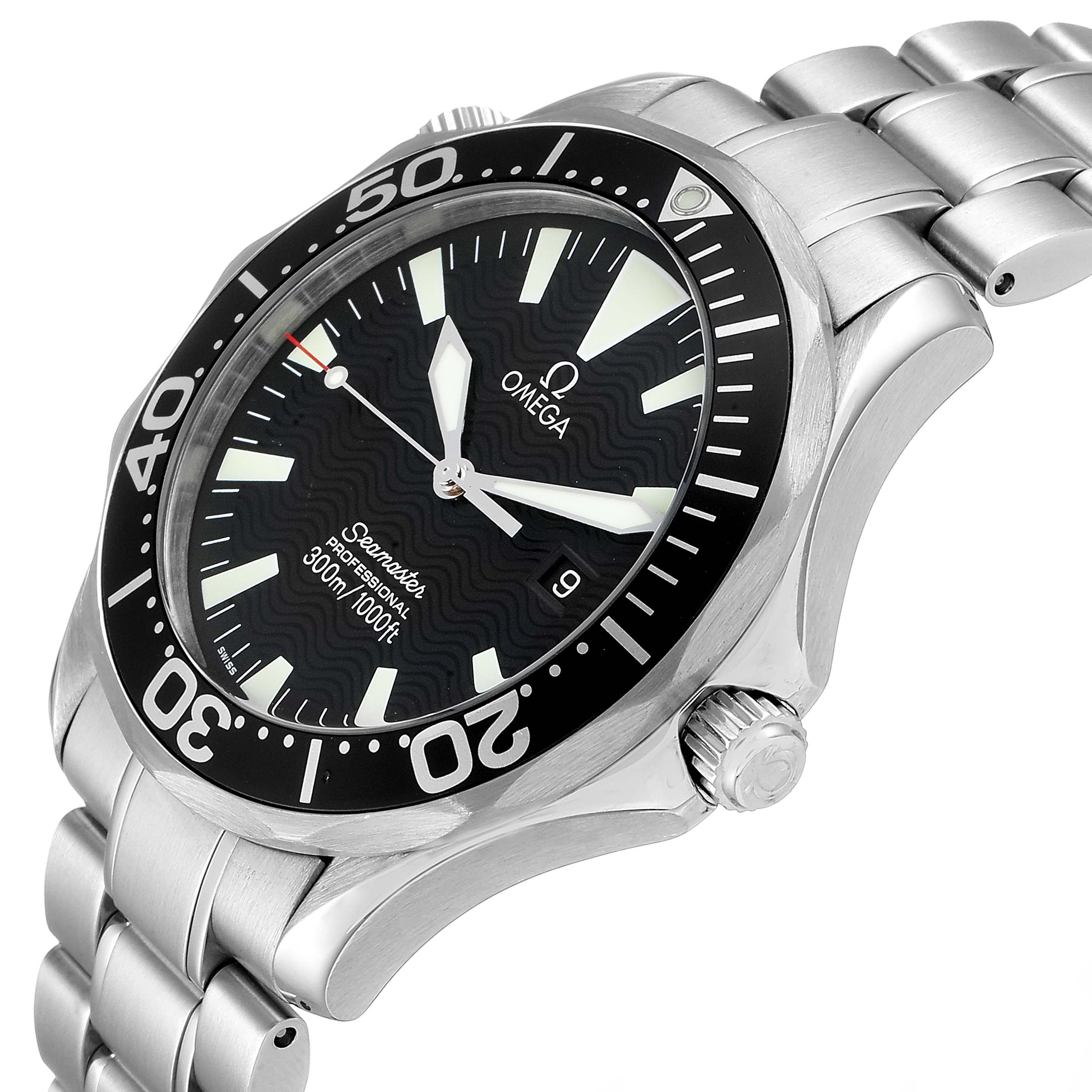 This image shows a close-up angle of the Omega Seamaster 2264.50.00 Men
s Stainless Steel Black Dial 2264.50.00 Men
s Stainless Steel Black Dial watch, highlighting the dial, bezel, and part of the stainless steel bracelet.