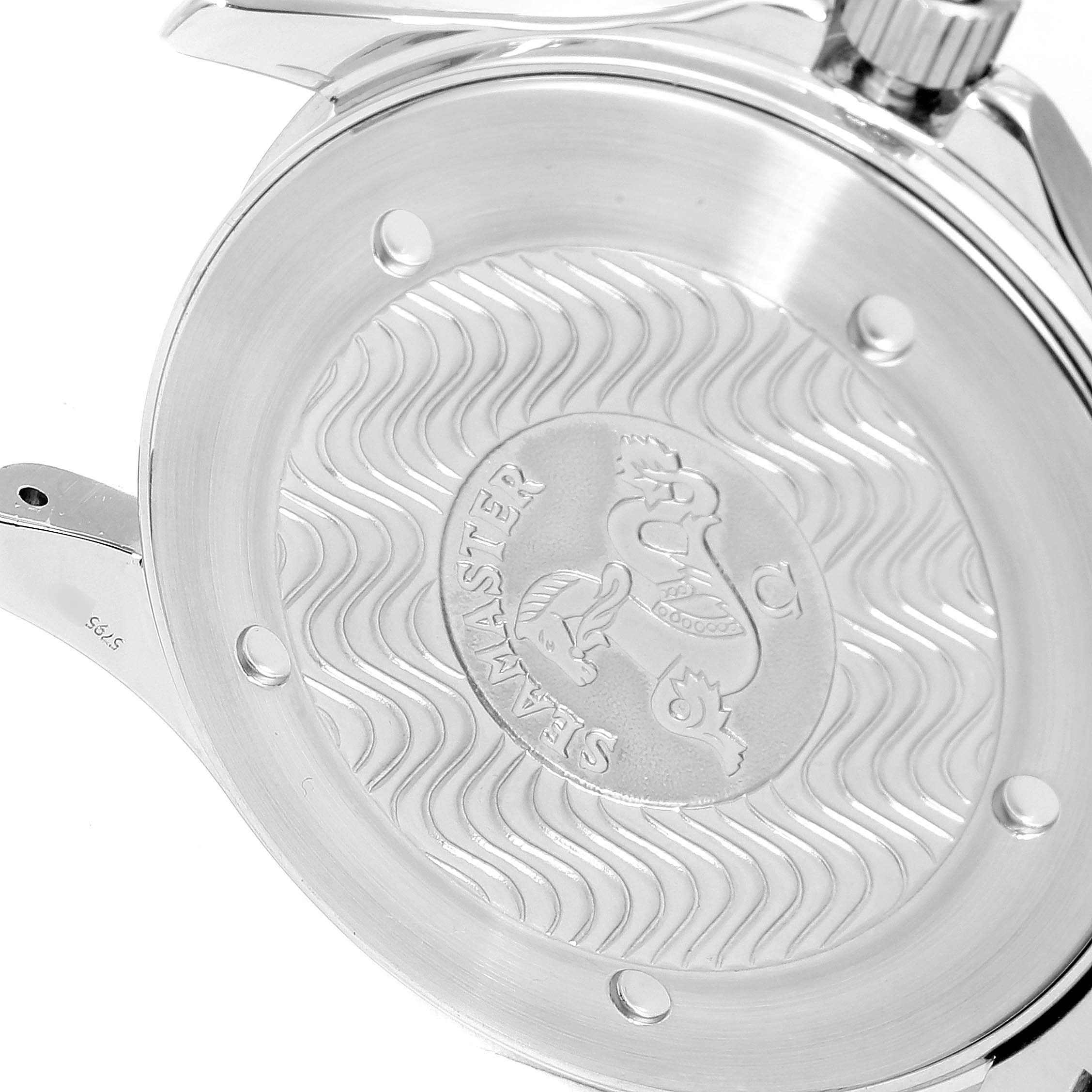 The image shows the rear case of the Omega Seamaster 2264.50.00 Men
s Stainless Steel Black Dial 2264.50.00 Men
s Stainless Steel Black Dial watch, with the wavy pattern and logo in view.