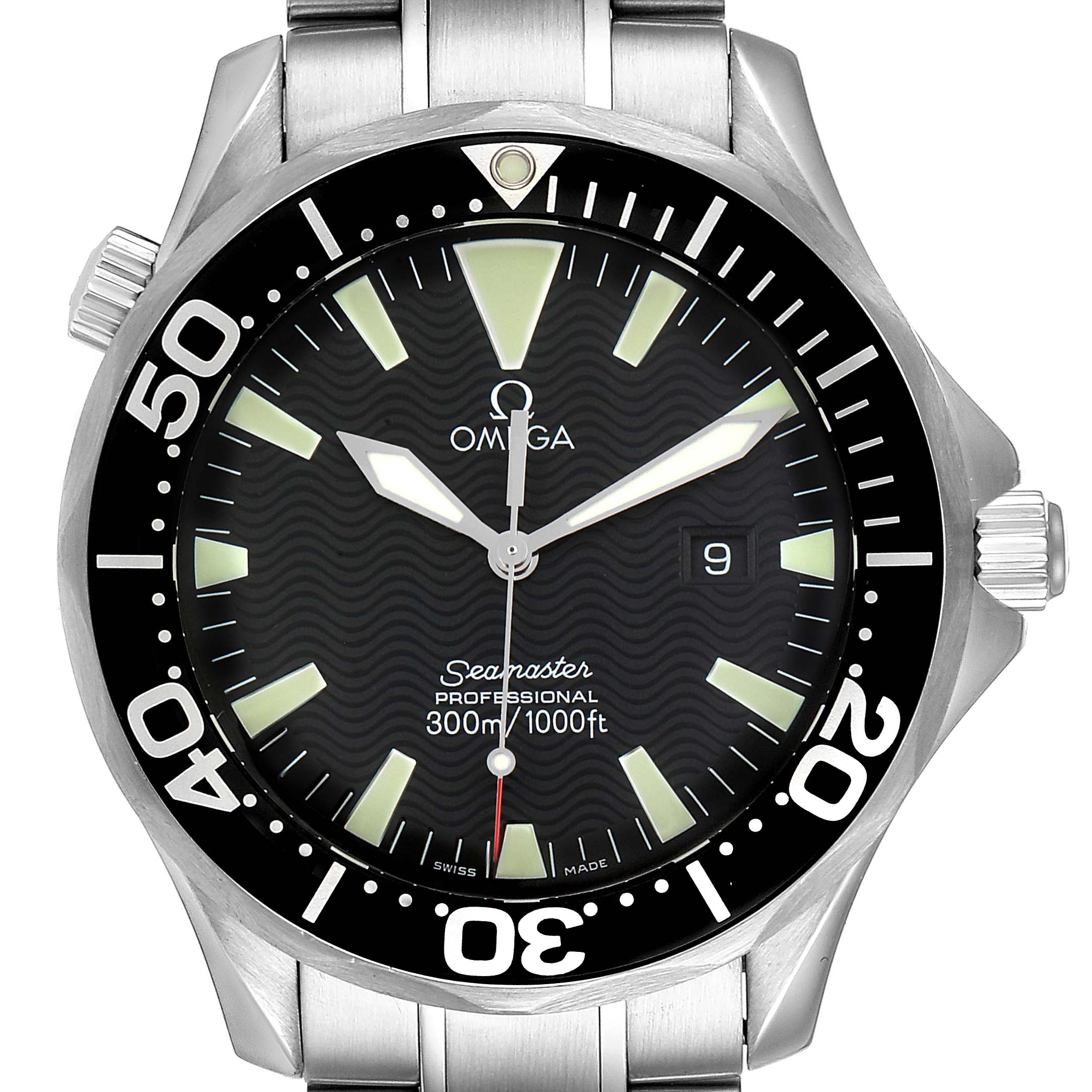 This is a front view of an Omega Seamaster 2264.50.00 Men
s Stainless Steel Black Dial 2264.50.00 Men
s Stainless Steel Black Dial watch, showing its dial, bezel, and part of the bracelet.