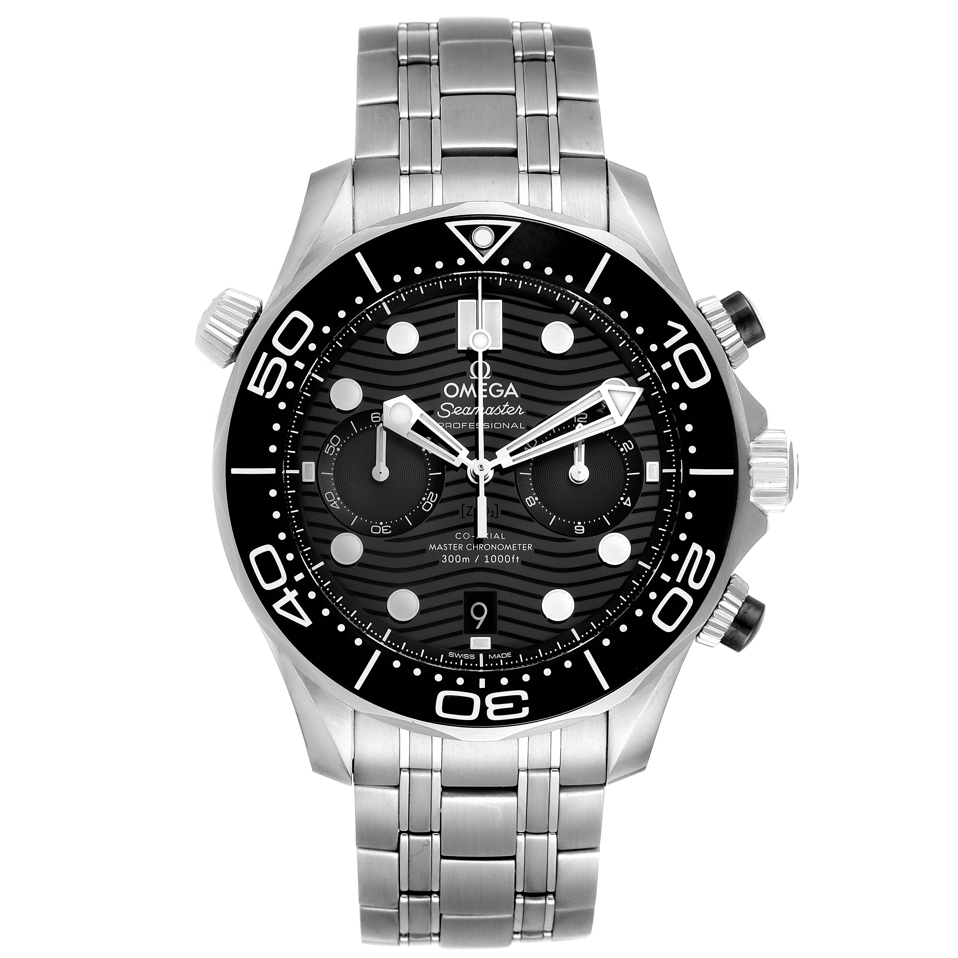 The image shows a front view of the Omega Seamaster 210.30.44.51.01.001 Men's Stainless Steel Black Dial 210.30.44.51.01.001 Men's Stainless Steel Black Dial watch, detailing its dial, bezel, and stainless steel bracelet.