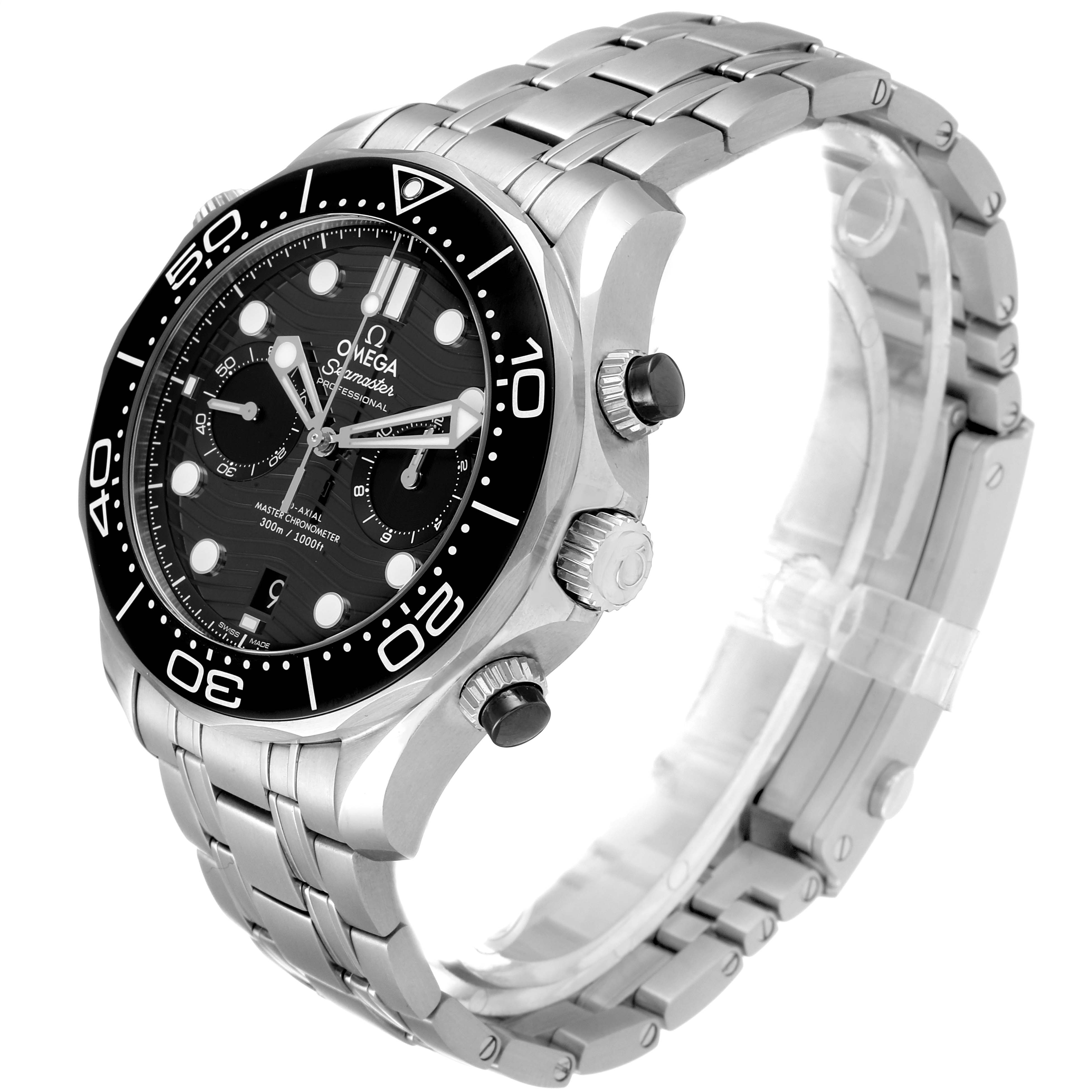 The Omega Seamaster 210.30.44.51.01.001 Men's Stainless Steel Black Dial 210.30.44.51.01.001 Men's Stainless Steel Black Dial watch is shown from a front-left angle, displaying its face, bezel, crown, and stainless steel bracelet.