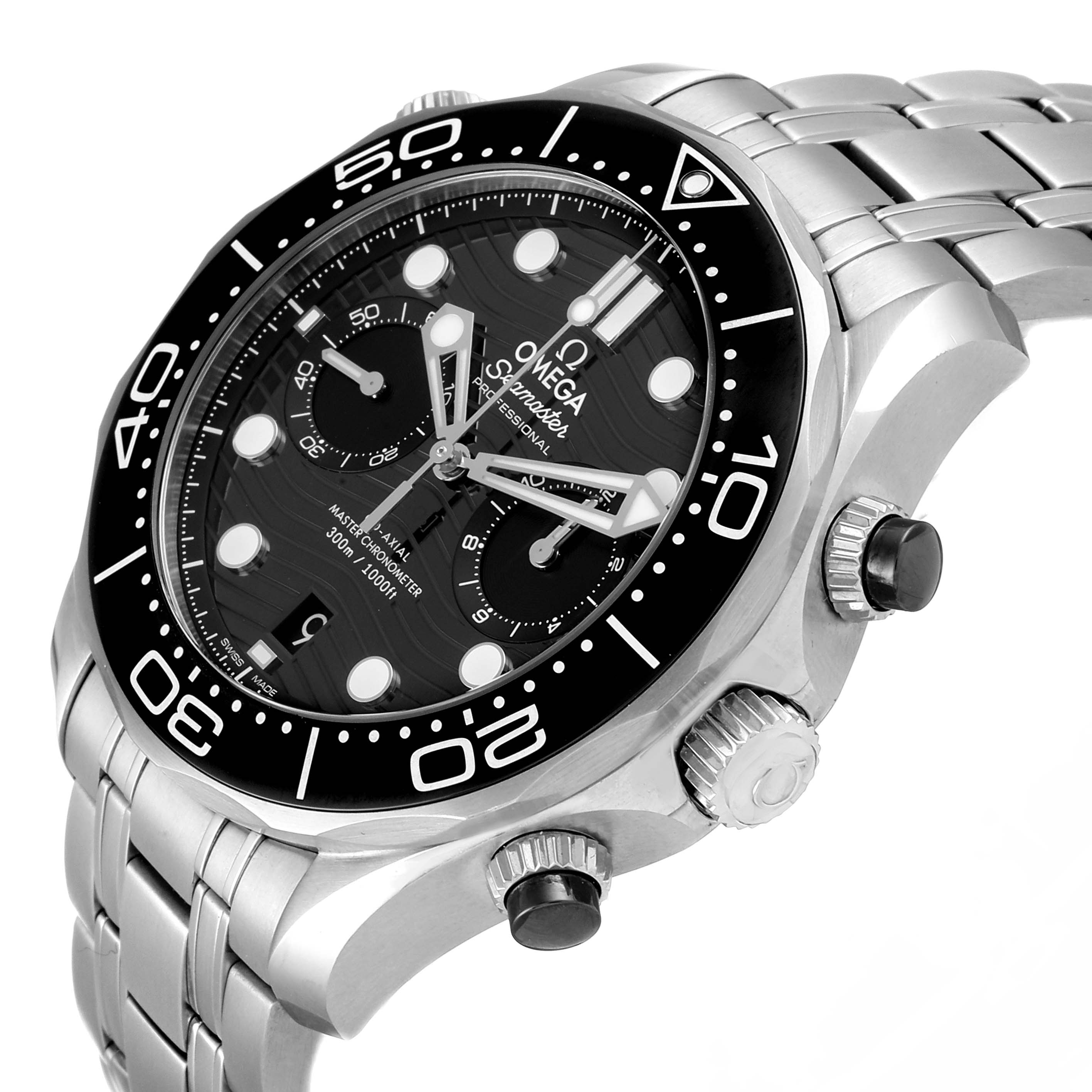 This image shows an Omega Seamaster 210.30.44.51.01.001 Men's Stainless Steel Black Dial 210.30.44.51.01.001 Men's Stainless Steel Black Dial watch at an angled view highlighting the face, bezel, crown, and part of the bracelet.