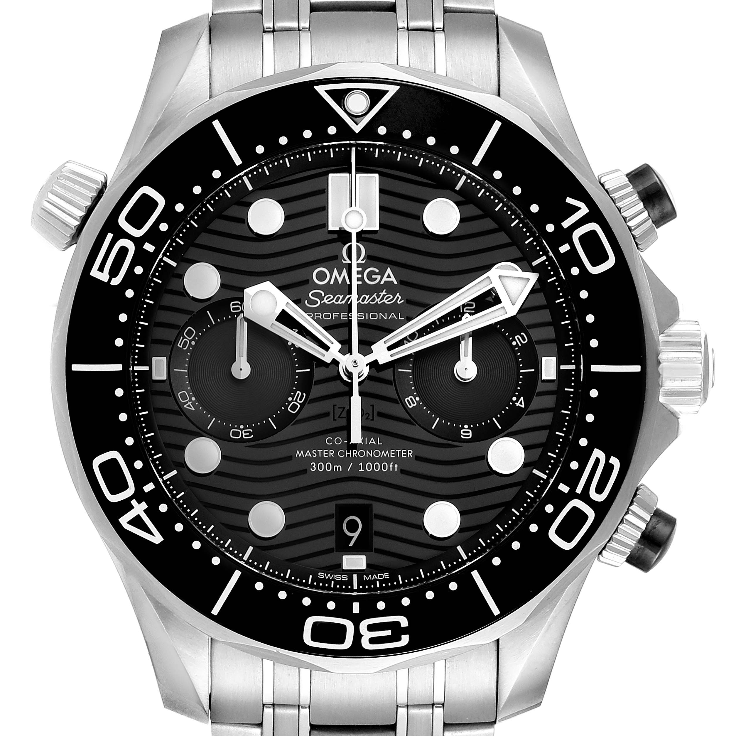 The image shows a frontal view of the Omega Seamaster 210.30.44.51.01.001 Men's Stainless Steel Black Dial 210.30.44.51.01.001 Men's Stainless Steel Black Dial watch, highlighting the dial, bezel, and bracelet.