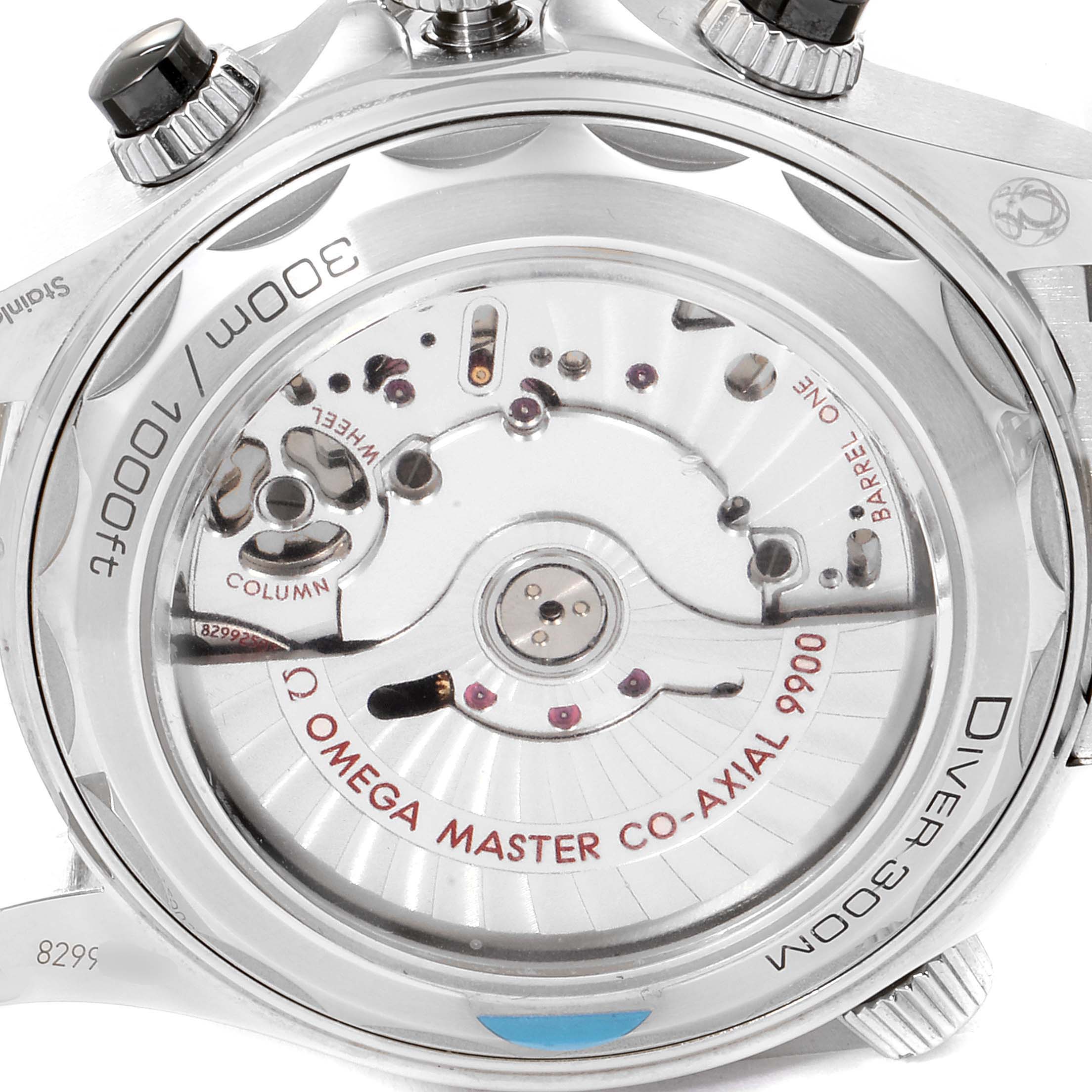 The image shows the back view of an Omega Seamaster 210.30.44.51.01.001 Men's Stainless Steel Black Dial 210.30.44.51.01.001 Men's Stainless Steel Black Dial, highlighting the movement and inner mechanics.