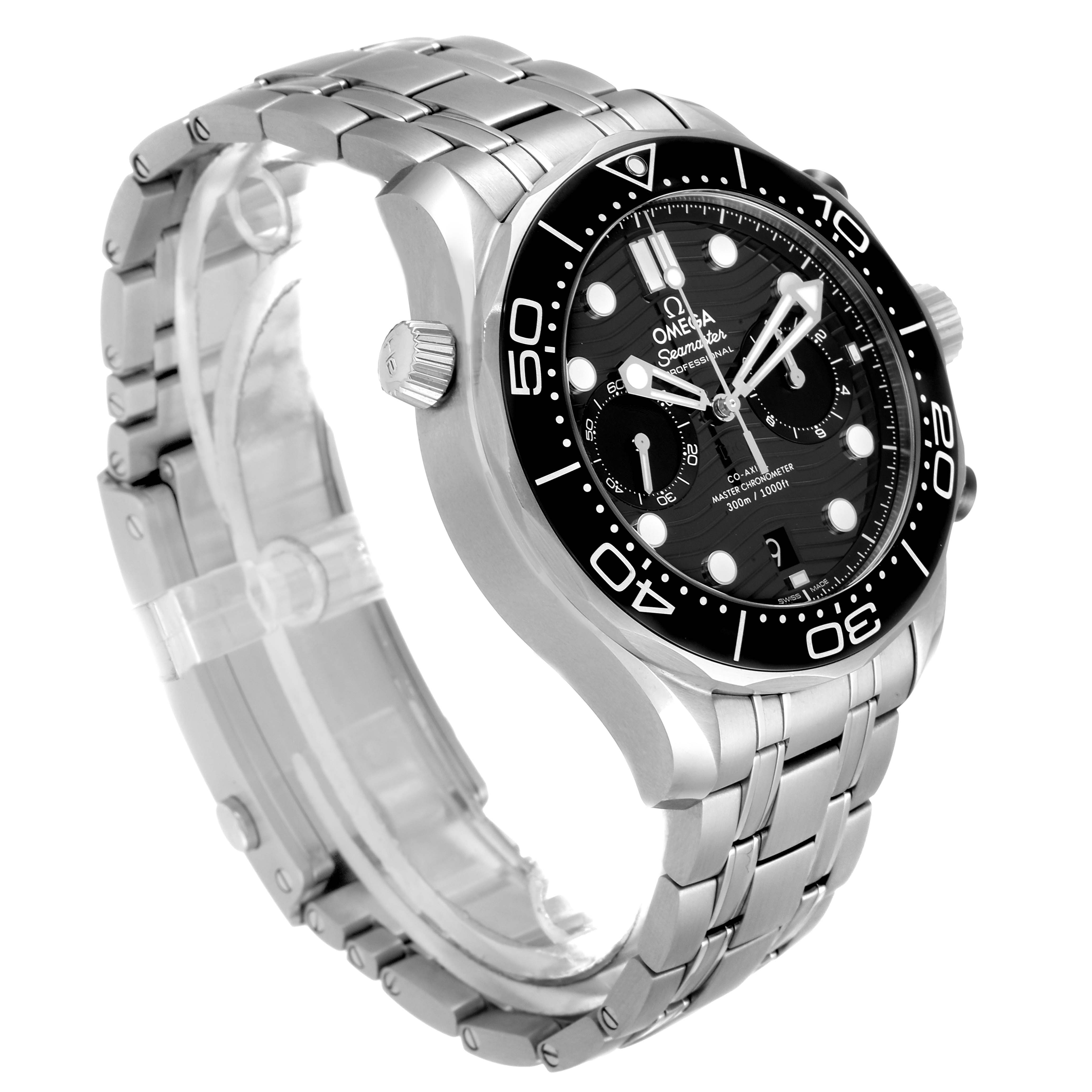 The image shows an angled side view of an Omega Seamaster 210.30.44.51.01.001 Men's Stainless Steel Black Dial 210.30.44.51.01.001 Men's Stainless Steel Black Dial watch, highlighting the face, bezel, crown, and stainless steel bracelet.