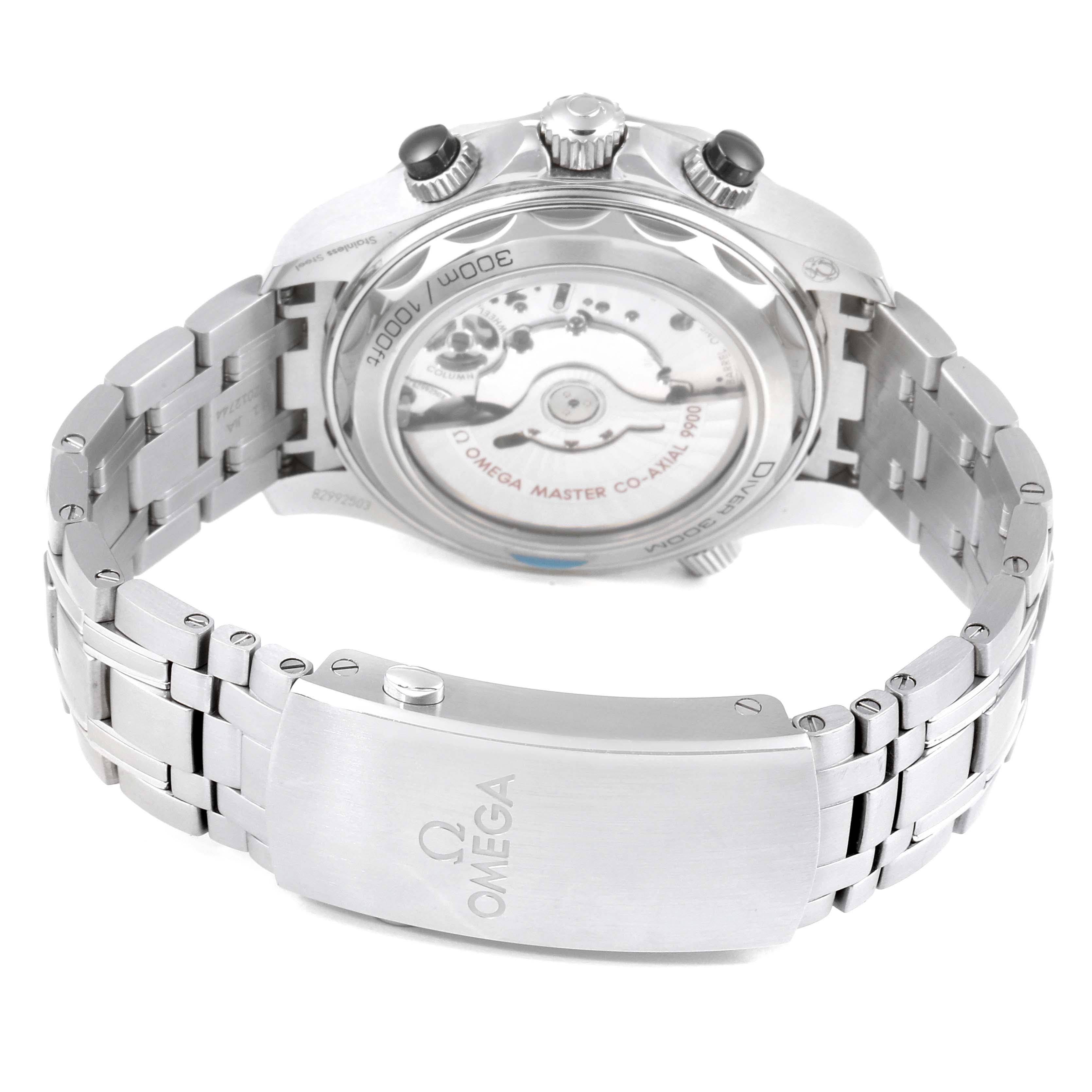 The image shows the rear angle of an Omega Seamaster 210.30.44.51.01.001 Men's Stainless Steel Black Dial 210.30.44.51.01.001 Men's Stainless Steel Black Dial watch, highlighting the case back and part of the bracelet.