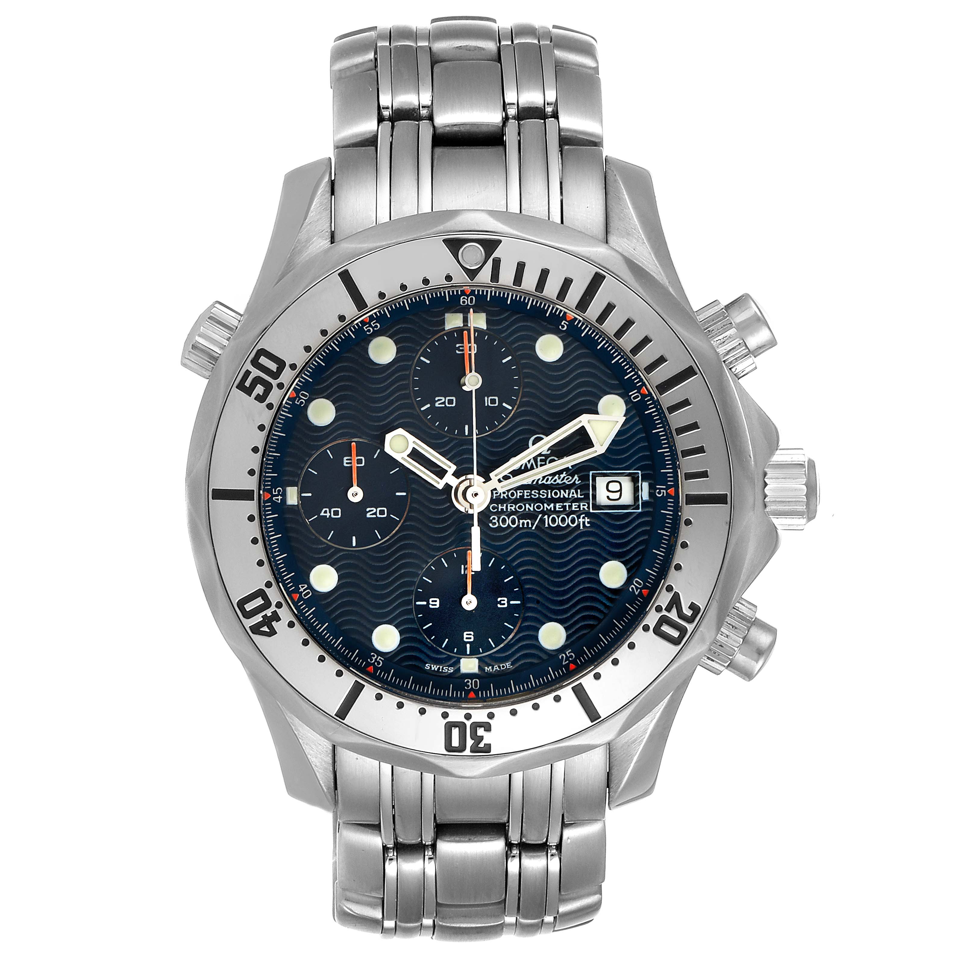 The image shows a frontal view of the Omega Seamaster 2598.80.00 Men
s Stainless Steel Blue Dial 2598.80.00 Men
s Stainless Steel Blue Dial watch, highlighting its dial, bezel, and bracelet.