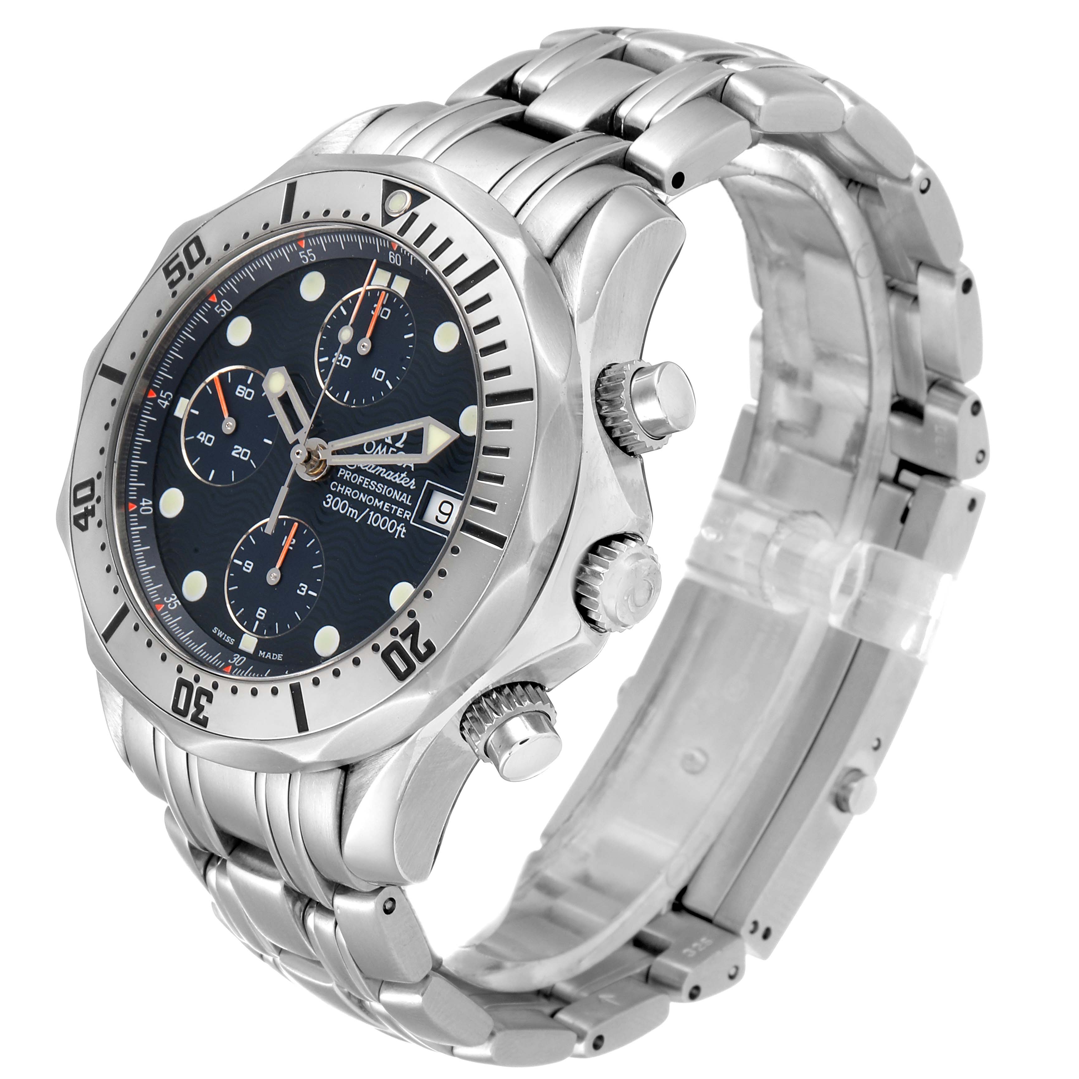 The image shows a side and front angle view of the Omega Seamaster 2598.80.00 Men
s Stainless Steel Blue Dial 2598.80.00 Men
s Stainless Steel Blue Dial watch, highlighting its dial, bezel, and bracelet.