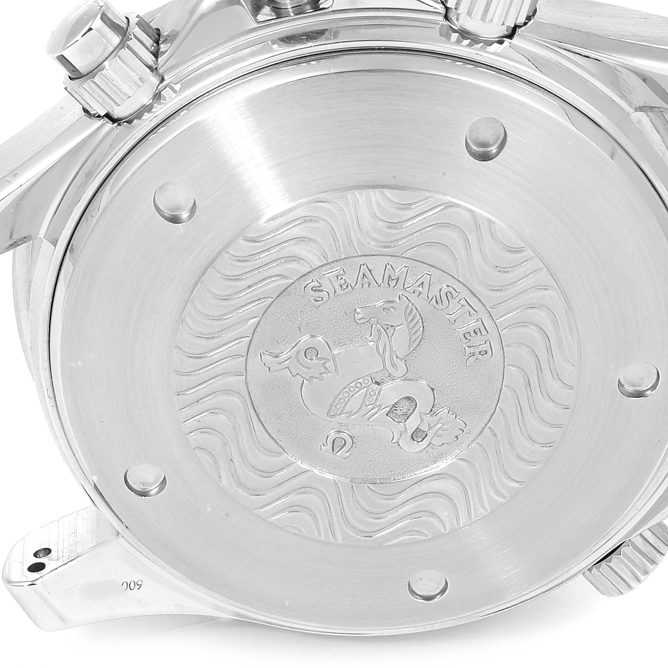 This image shows a close-up of the case back of an Omega Seamaster 2598.80.00 Men
s Stainless Steel Blue Dial 2598.80.00 Men
s Stainless Steel Blue Dial watch, featuring its engraved logo and crown details.