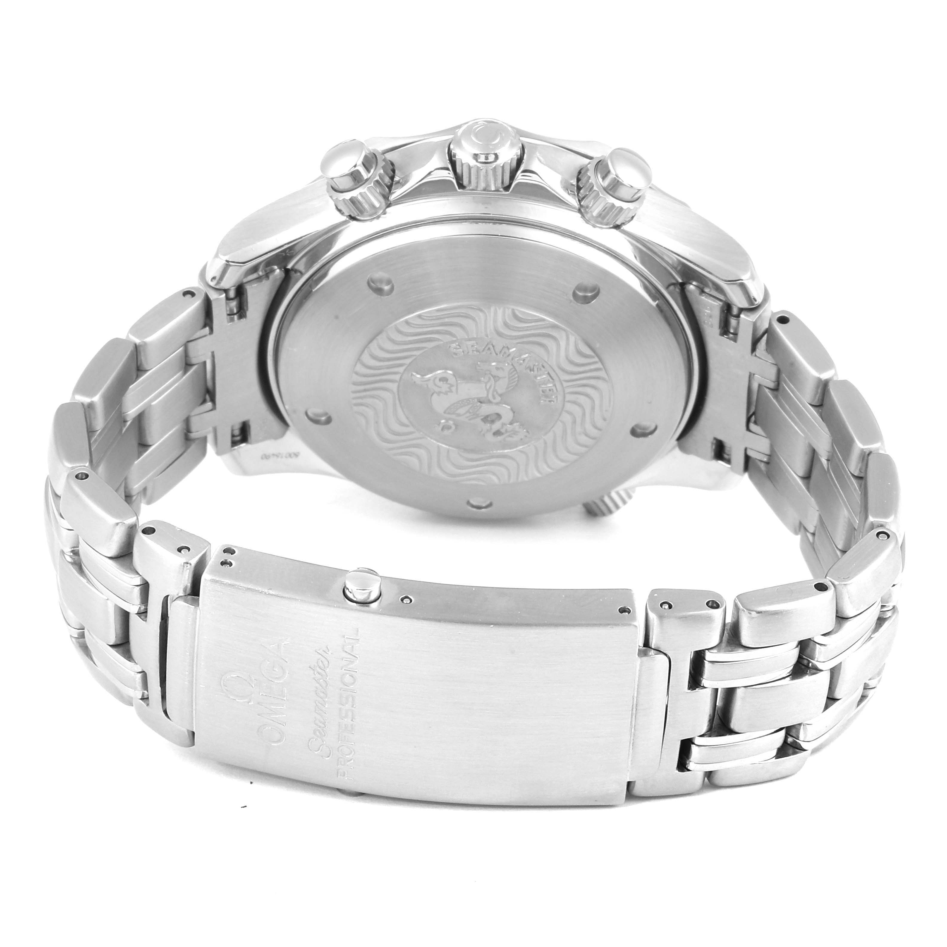 The image shows the back and clasp of an Omega Seamaster 2598.80.00 Men
s Stainless Steel Blue Dial 2598.80.00 Men
s Stainless Steel Blue Dial watch, highlighting the bracelet and case back.