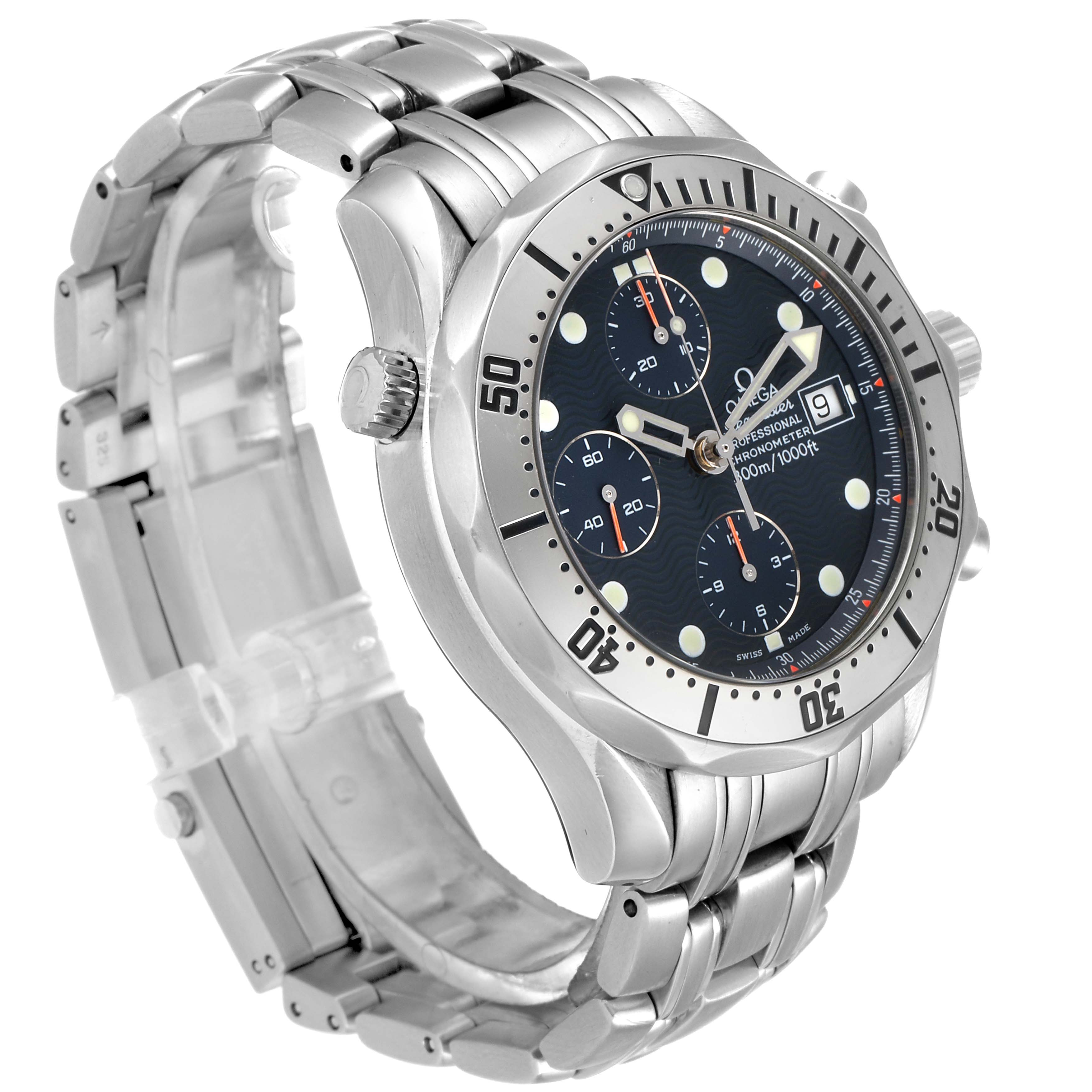 The image shows a side angle of the Omega Seamaster 2598.80.00 Men
s Stainless Steel Blue Dial 2598.80.00 Men
s Stainless Steel Blue Dial watch, highlighting the dial, case, and metal bracelet.