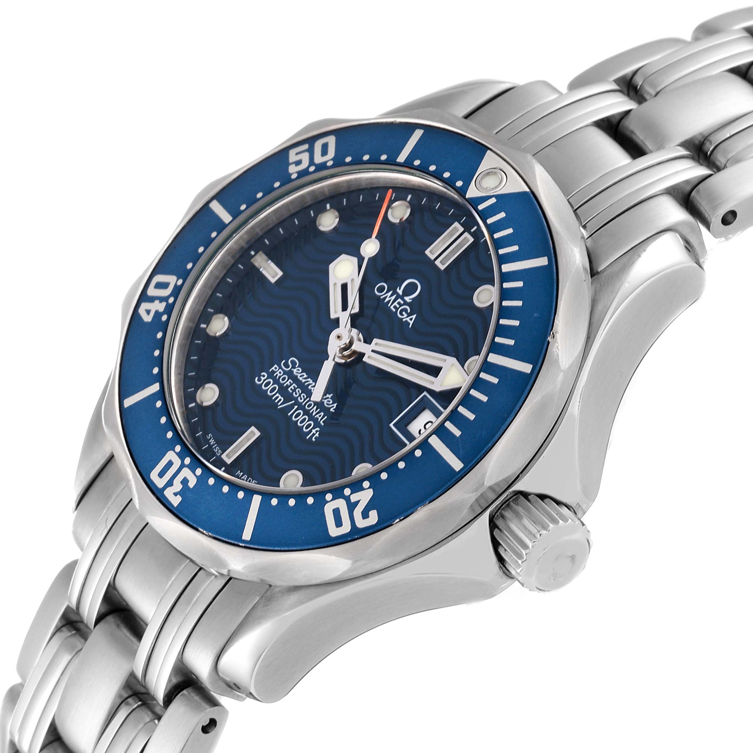 The image shows a close-up angle of the Omega 2583.80.00 Women's Stainless Steel Blue Dial 2583.80.00 Women's Stainless Steel Blue Dial Seamaster Diver 300M 28mm Steel Ladies Watch 2583.80.00, highlighting its blue dial and steel bracelet.