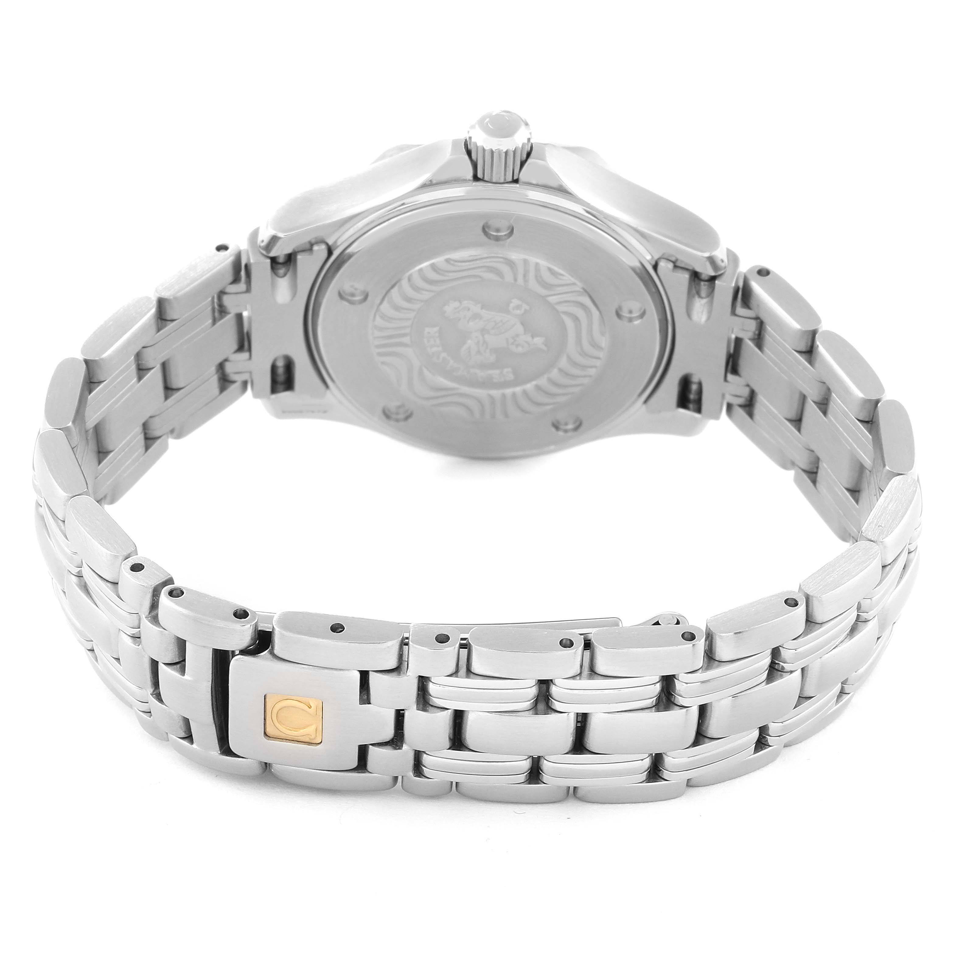 The image shows the back and bracelet of an Omega 2583.80.00 Women's Stainless Steel Blue Dial 2583.80.00 Women's Stainless Steel Blue Dial Seamaster Diver 300M 28mm Steel Ladies Watch 2583.80.00.