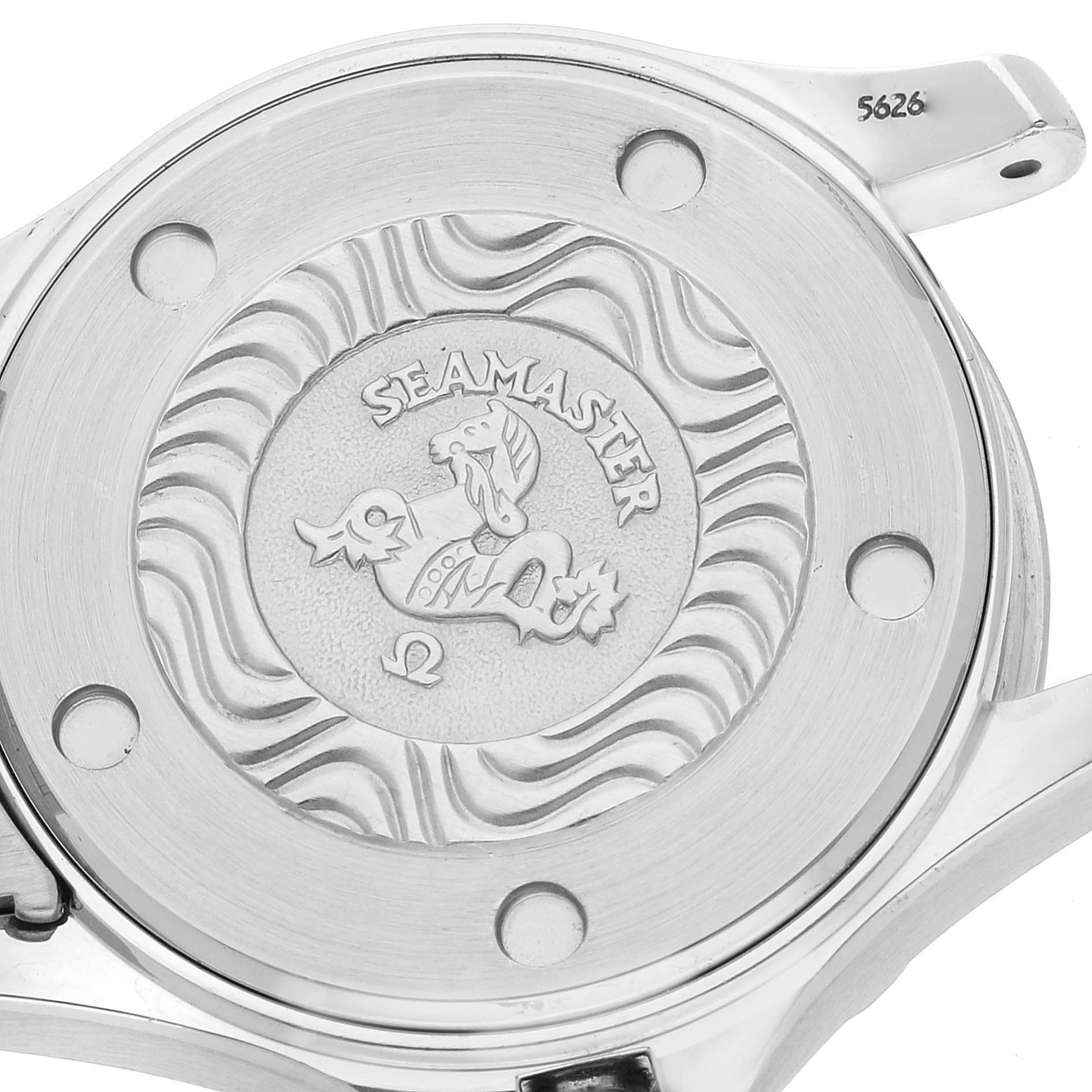 This image shows the case back of the Omega 2583.80.00 Women's Stainless Steel Blue Dial 2583.80.00 Women's Stainless Steel Blue Dial Seamaster Diver 300M 28mm Steel Ladies Watch 2583.80.00.