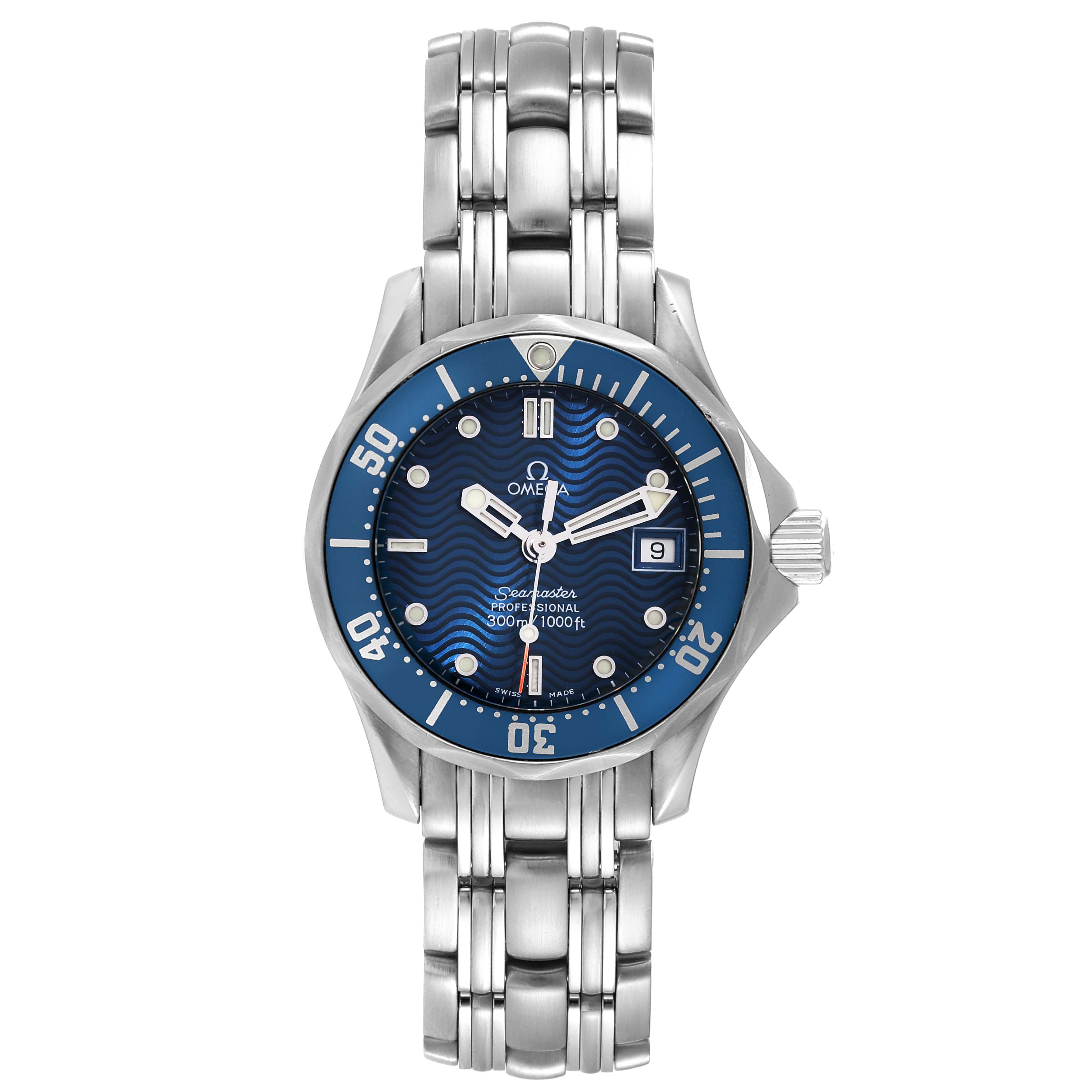 This image shows a front view of the Omega 2583.80.00 Women's Stainless Steel Blue Dial 2583.80.00 Women's Stainless Steel Blue Dial Seamaster Diver 300M 28mm Steel Ladies Watch 2583.80.00, highlighting its blue dial and stainless steel bracelet.