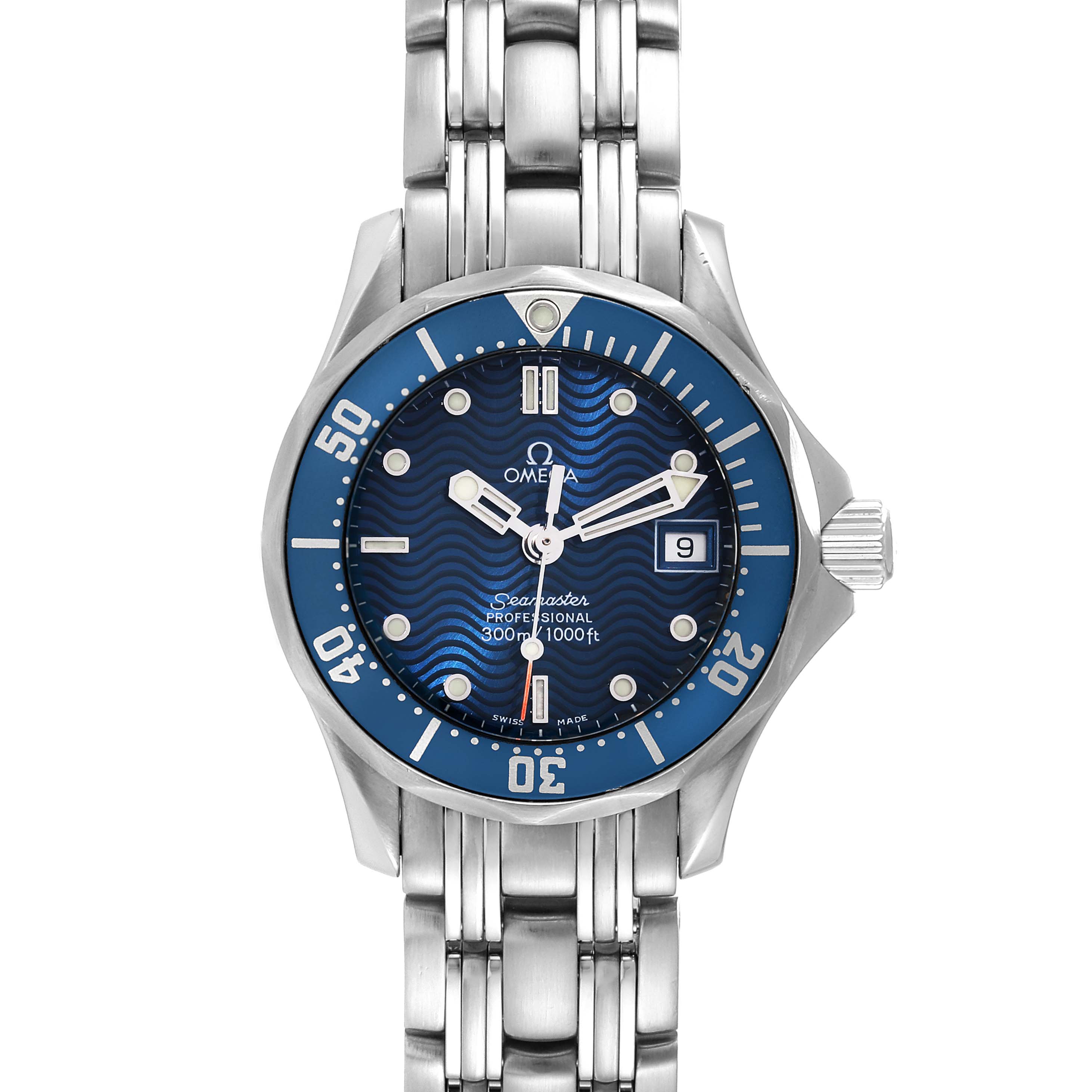 The image shows a front view of the Omega 2583.80.00 Women's Stainless Steel Blue Dial 2583.80.00 Women's Stainless Steel Blue Dial Seamaster Diver 300M 28mm Steel Ladies Watch 2583.80.00, highlighting its blue dial and steel bracelet.