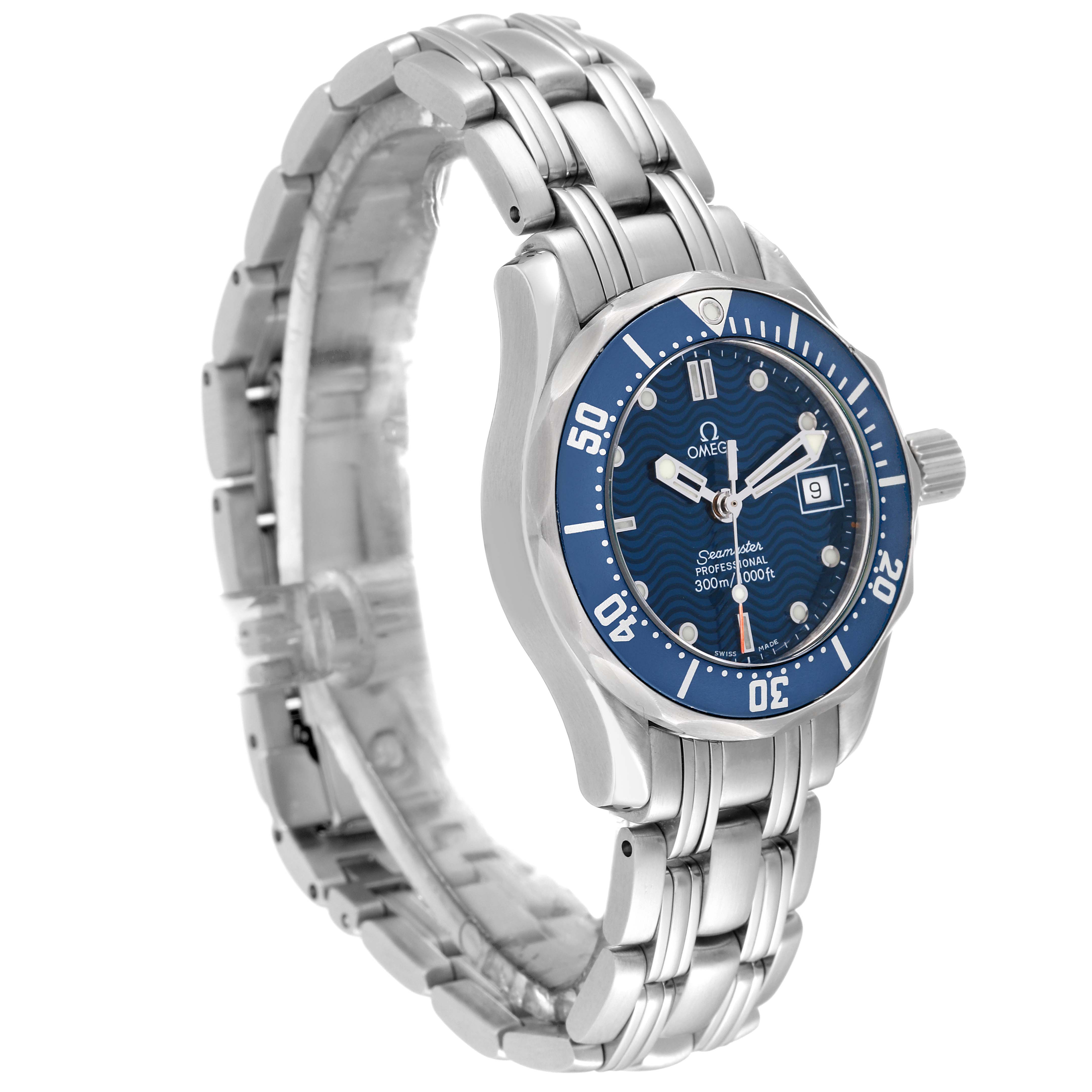 The Omega 2583.80.00 Women's Stainless Steel Blue Dial 2583.80.00 Women's Stainless Steel Blue Dial Seamaster Diver 300M 28mm Steel Ladies Watch 2583.80.00 is shown at a three-quarter angle, highlighting the face, bezel, and bracelet.