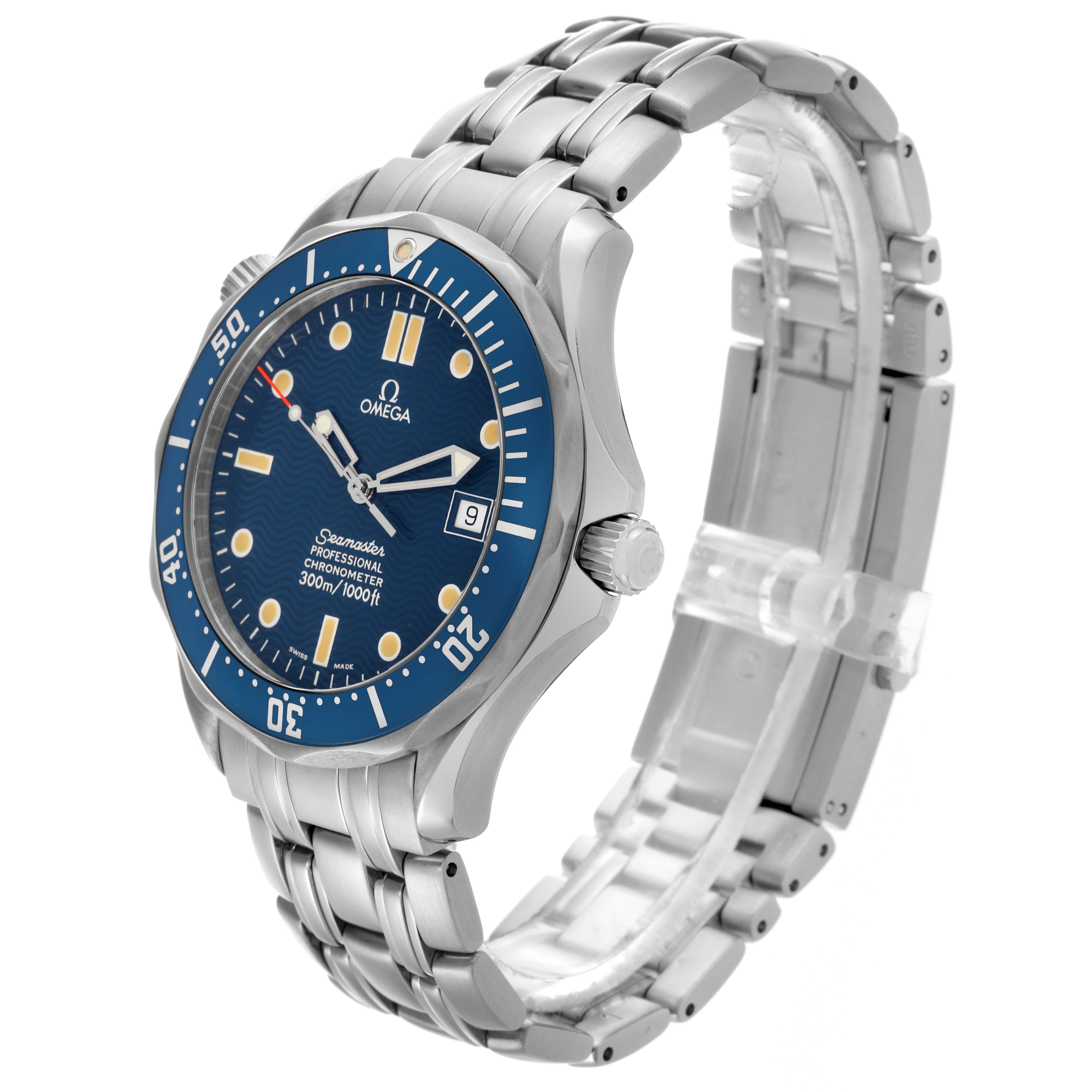 The Omega Seamaster 2531.80.00 Men's Stainless Steel Blue Dial 2531.80.00 Men's Stainless Steel Blue Dial watch is shown at a 3/4 angle, highlighting the blue dial, bezel, and metal bracelet.