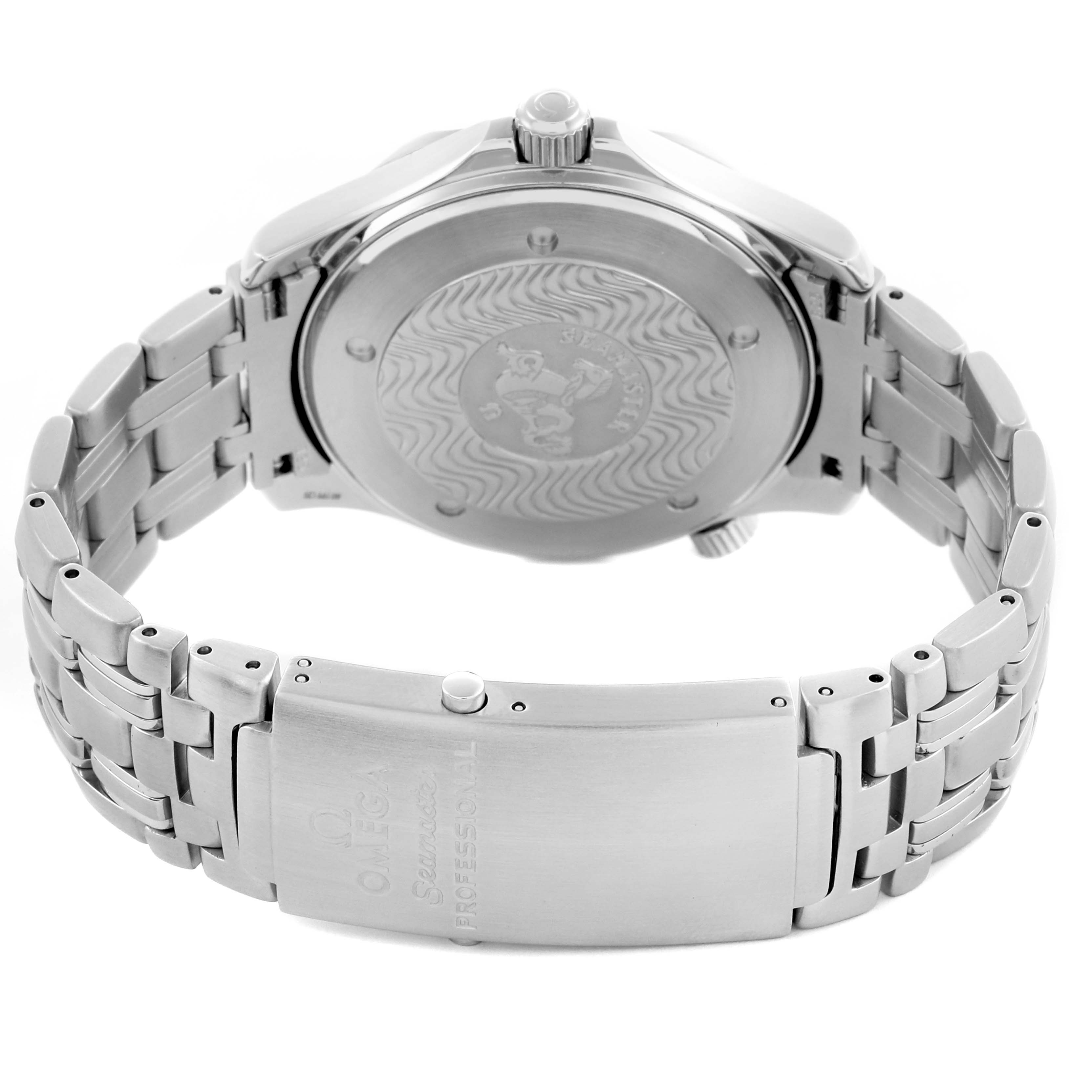 The image shows the back and clasp of an Omega Seamaster 2531.80.00 Men's Stainless Steel Blue Dial 2531.80.00 Men's Stainless Steel Blue Dial watch, highlighting the embossed case back and metal bracelet.