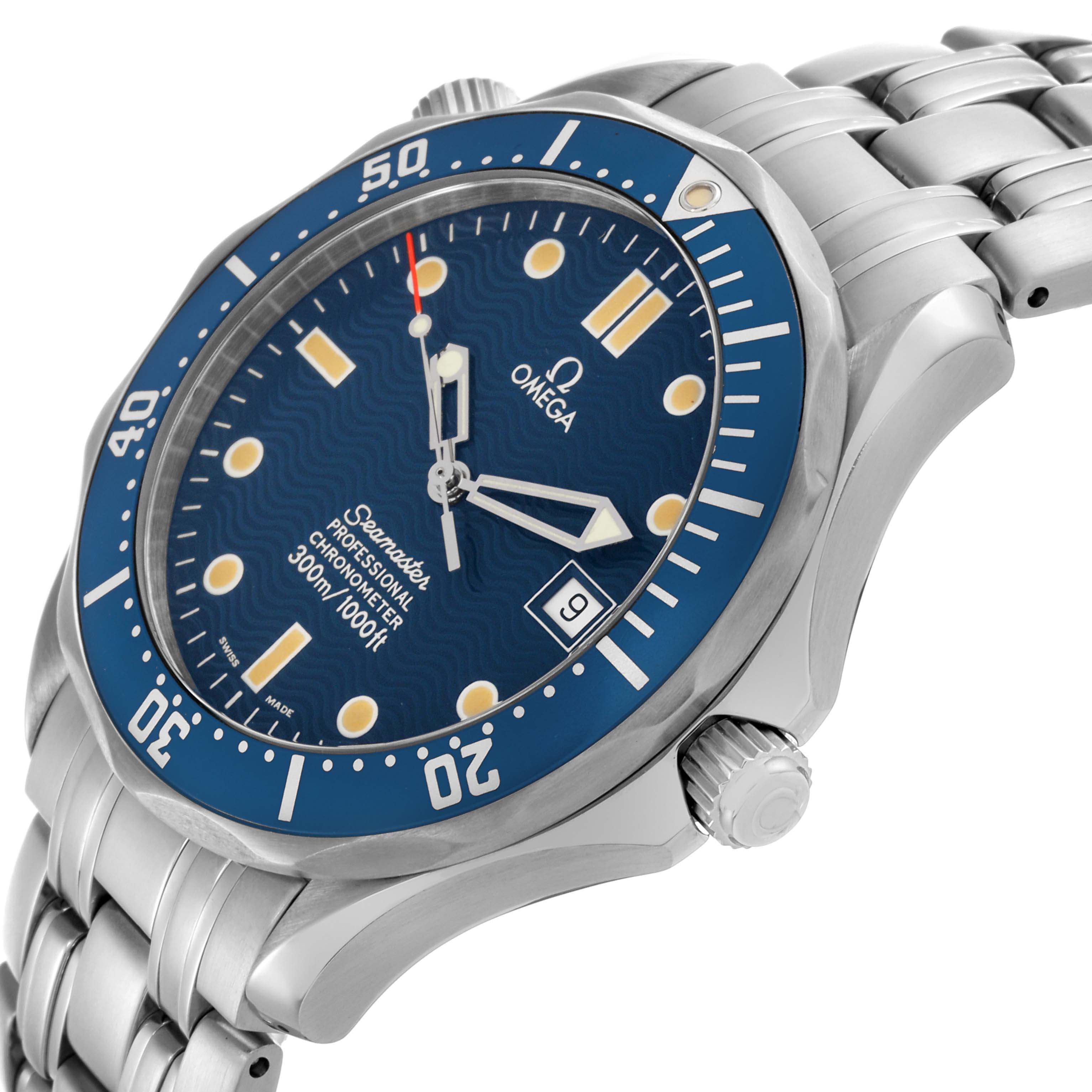 The Omega Seamaster 2531.80.00 Men's Stainless Steel Blue Dial 2531.80.00 Men's Stainless Steel Blue Dial watch is shown at a slight angle, displaying the dial, bezel, crown, and part of the steel bracelet.