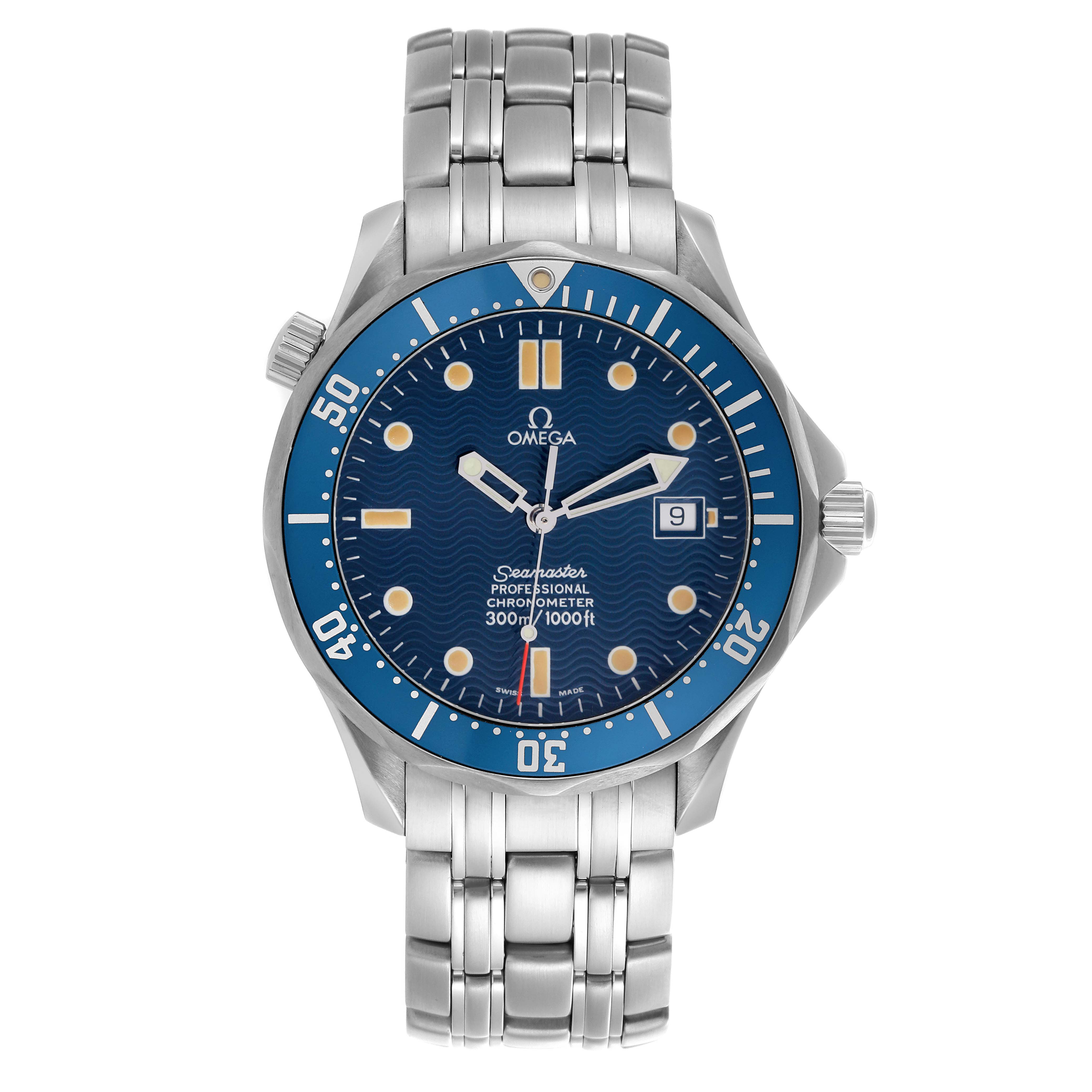 The image shows a front view of the Omega Seamaster 2531.80.00 Men's Stainless Steel Blue Dial 2531.80.00 Men's Stainless Steel Blue Dial watch, featuring its blue dial, bezel, and stainless steel bracelet.