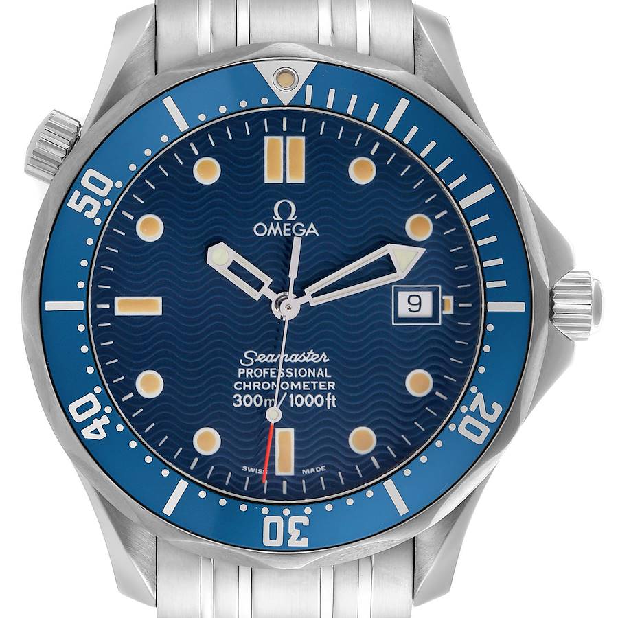 The Omega Seamaster watch is shown from the front, highlighting the blue dial, bezel, and bracelet.