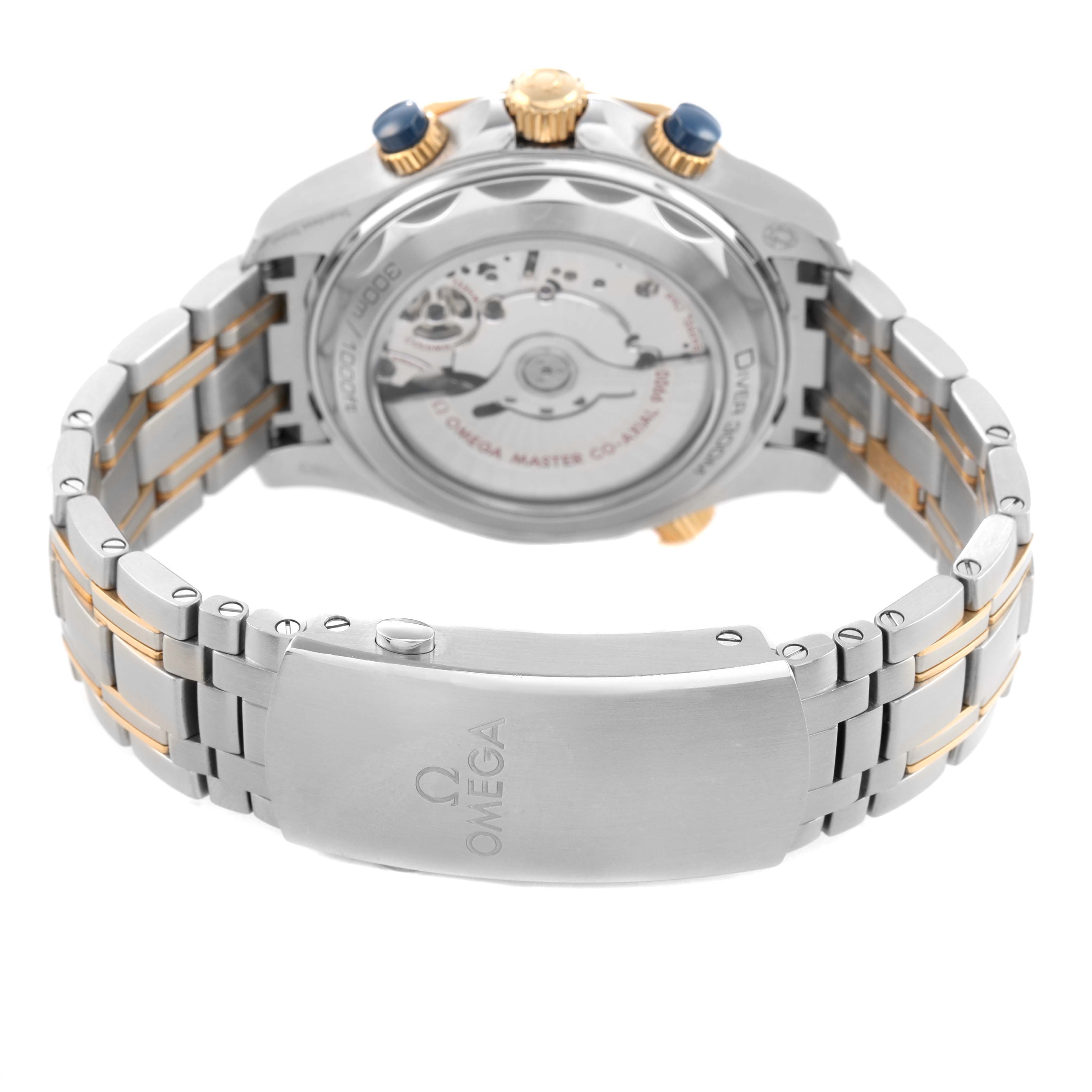 The Omega Seamaster 210.20.44.51.03.001 Men's Steel and Gold (two tone) Blue Dial watch is shown from the strap side, highlighting the clasp, crown, and transparent case back.
