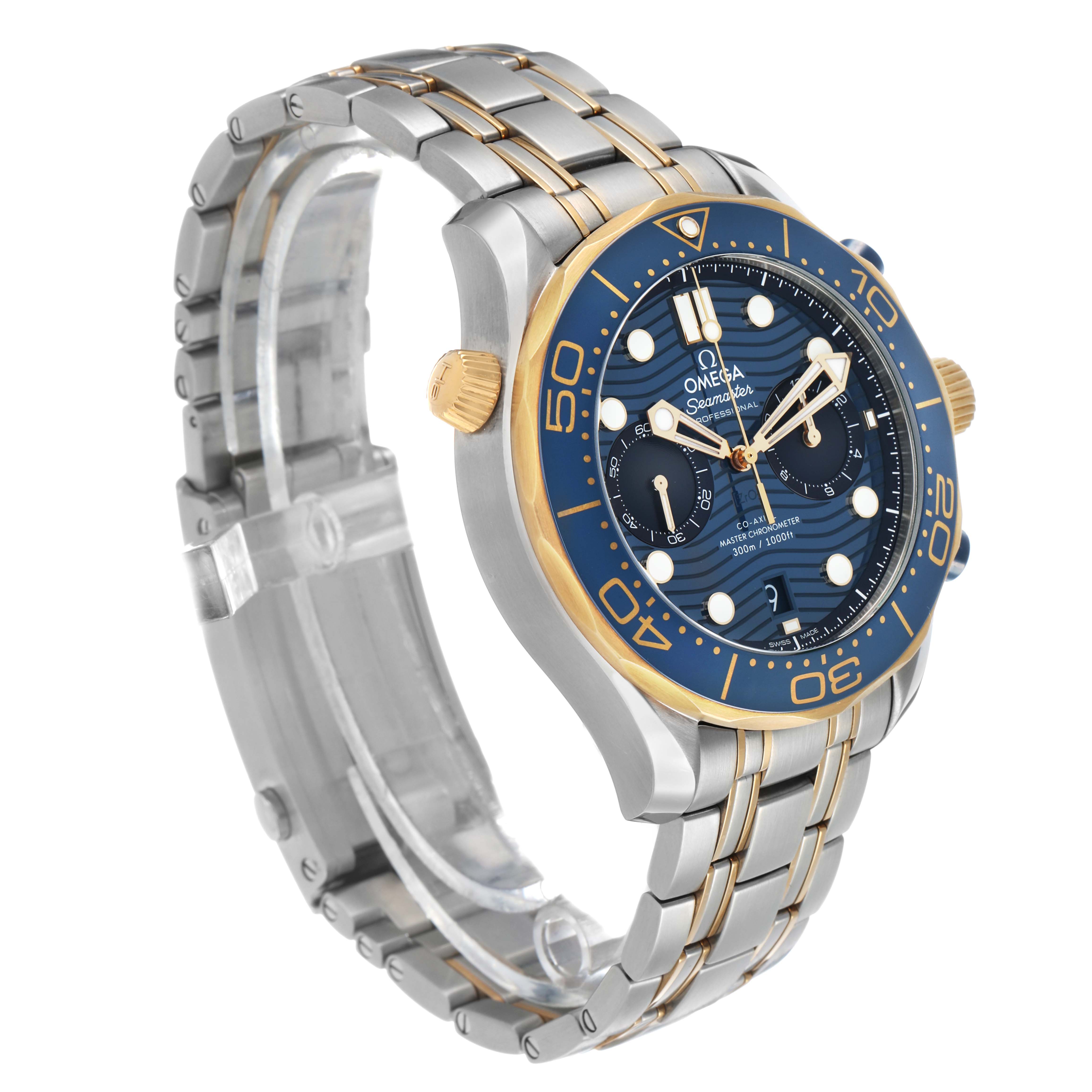 The Omega Seamaster 210.20.44.51.03.001 Men's Steel and Gold (two tone) Blue Dial watch is shown at a three-quarter angle, displaying the bezel, dial, bracelet, and crown.