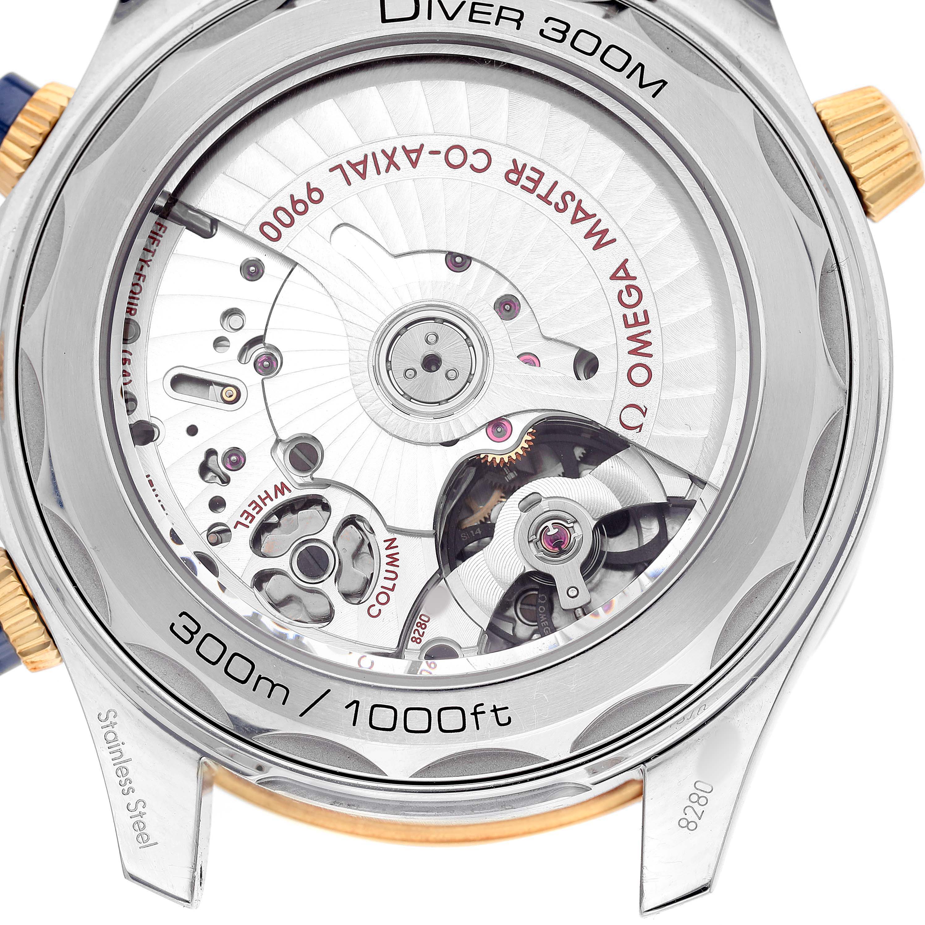 The image shows the back view of an Omega Seamaster 210.20.44.51.03.001 Men's Steel and Gold (two tone) Blue Dial, highlighting the exposed movement and rotor.