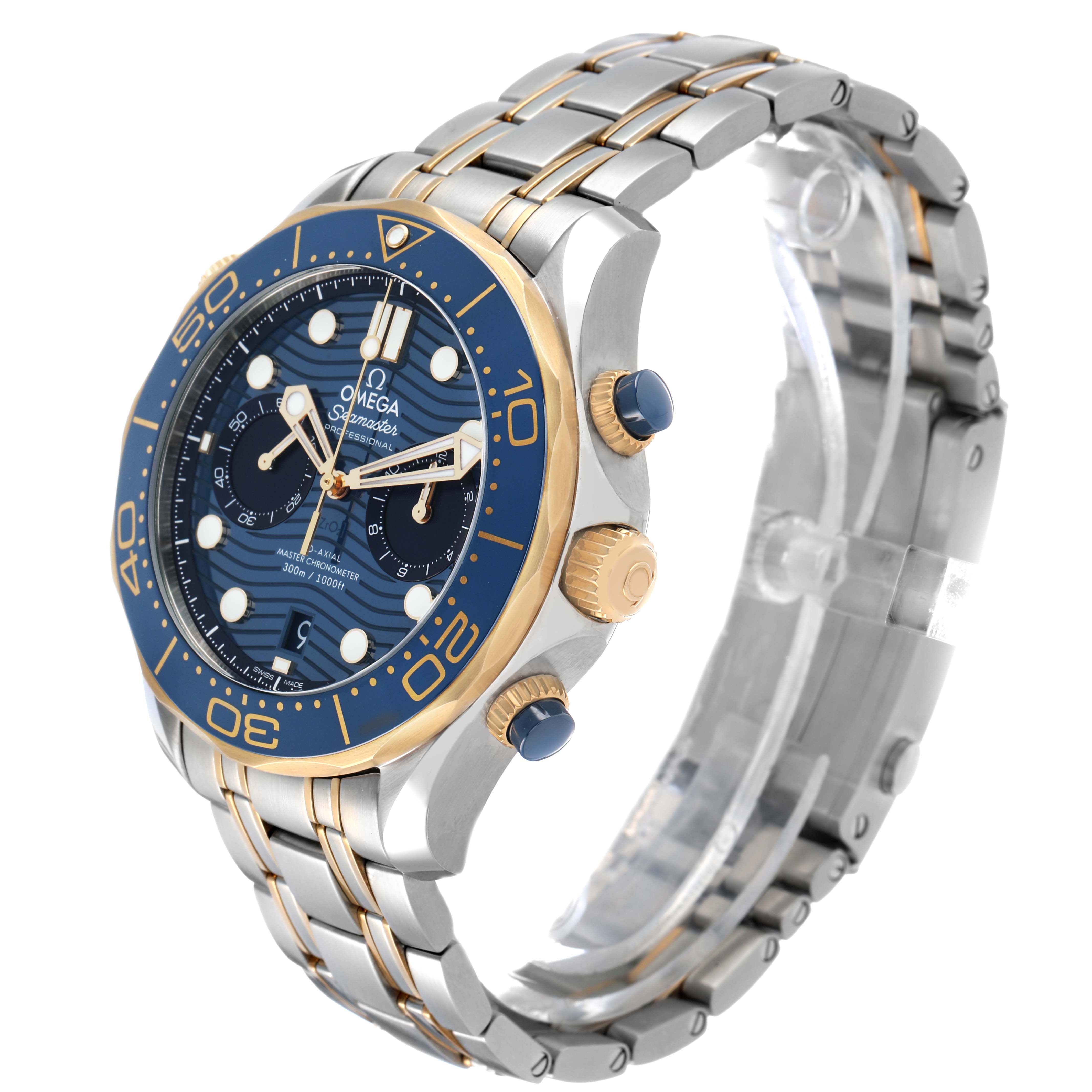 The Omega Seamaster 210.20.44.51.03.001 Men's Steel and Gold (two tone) Blue Dial watch is shown at a slight angle, displaying the face, bezel, crown, pushers, and bracelet.
