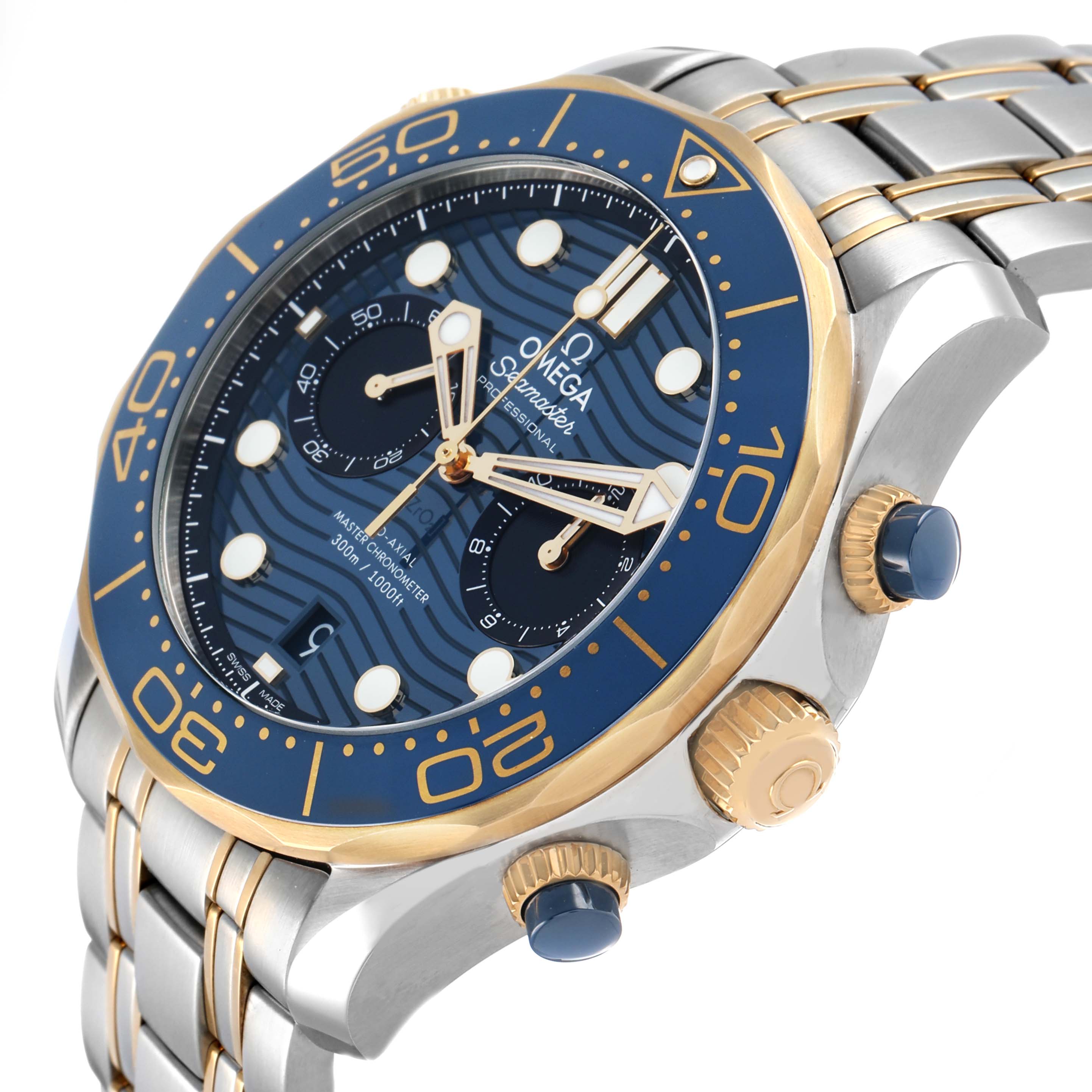 The image shows an angled view of the Omega Seamaster 210.20.44.51.03.001 Men's Steel and Gold (two tone) Blue Dial watch, highlighting its blue dial, bezel, crown, and metal bracelet.