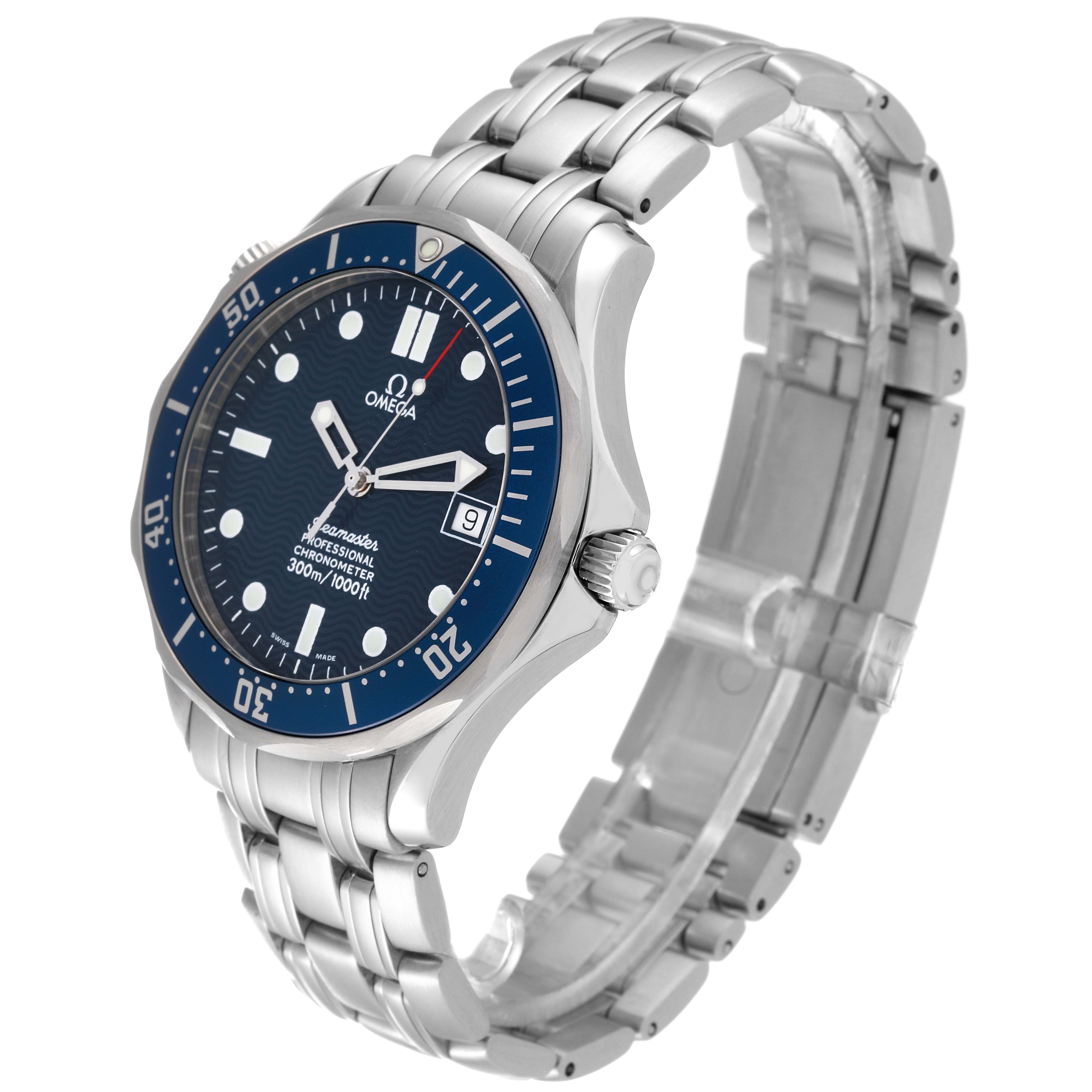 The Omega Seamaster 2531.80.00 Men
s Stainless Steel Blue Dial 2531.80.00 Men
s Stainless Steel Blue Dial watch is shown at a three-quarter angle, displaying the face, bezel, and metal bracelet.