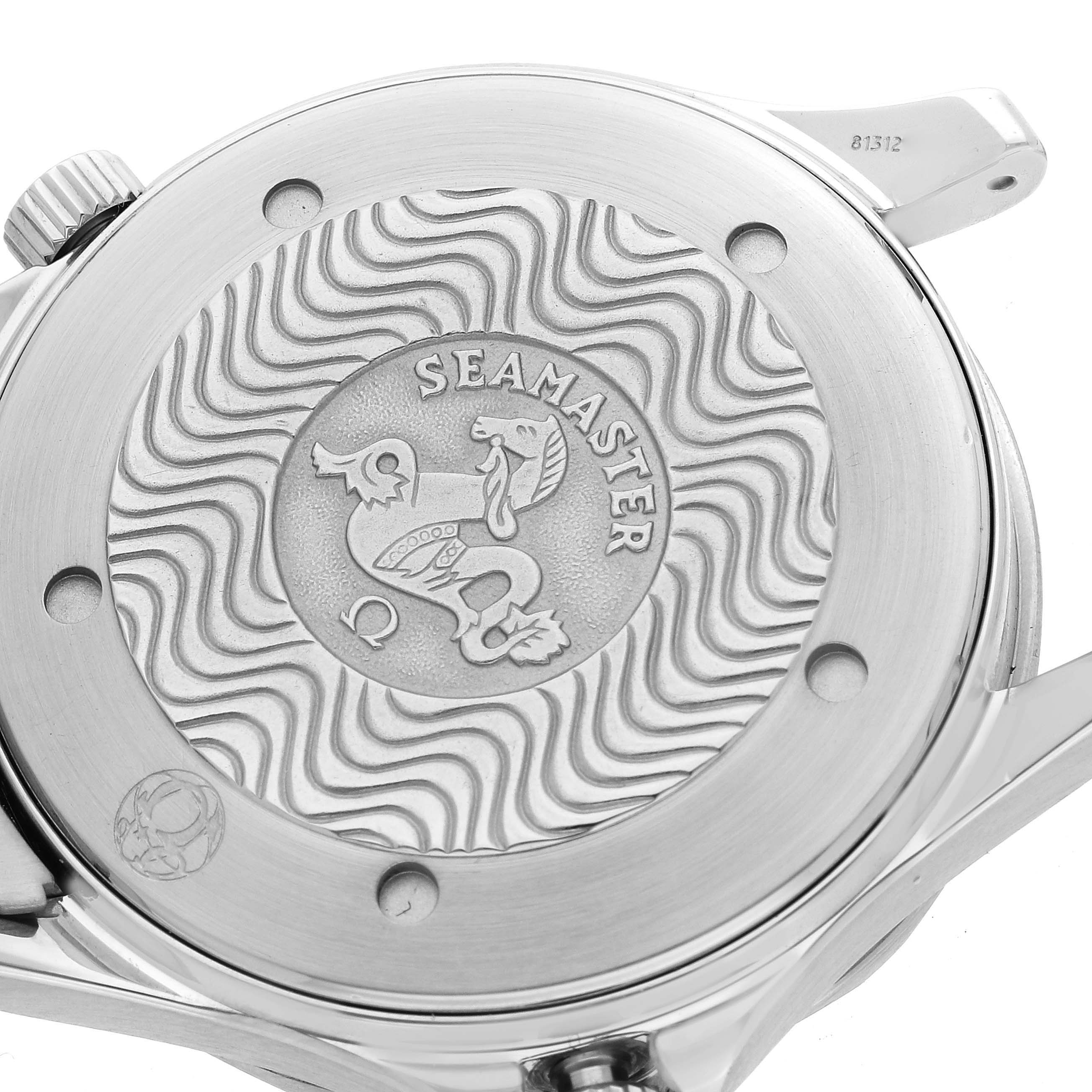 This image shows the back case of the Omega Seamaster 2531.80.00 Men
s Stainless Steel Blue Dial 2531.80.00 Men
s Stainless Steel Blue Dial watch, highlighting the engraved wave pattern and seahorse logo.