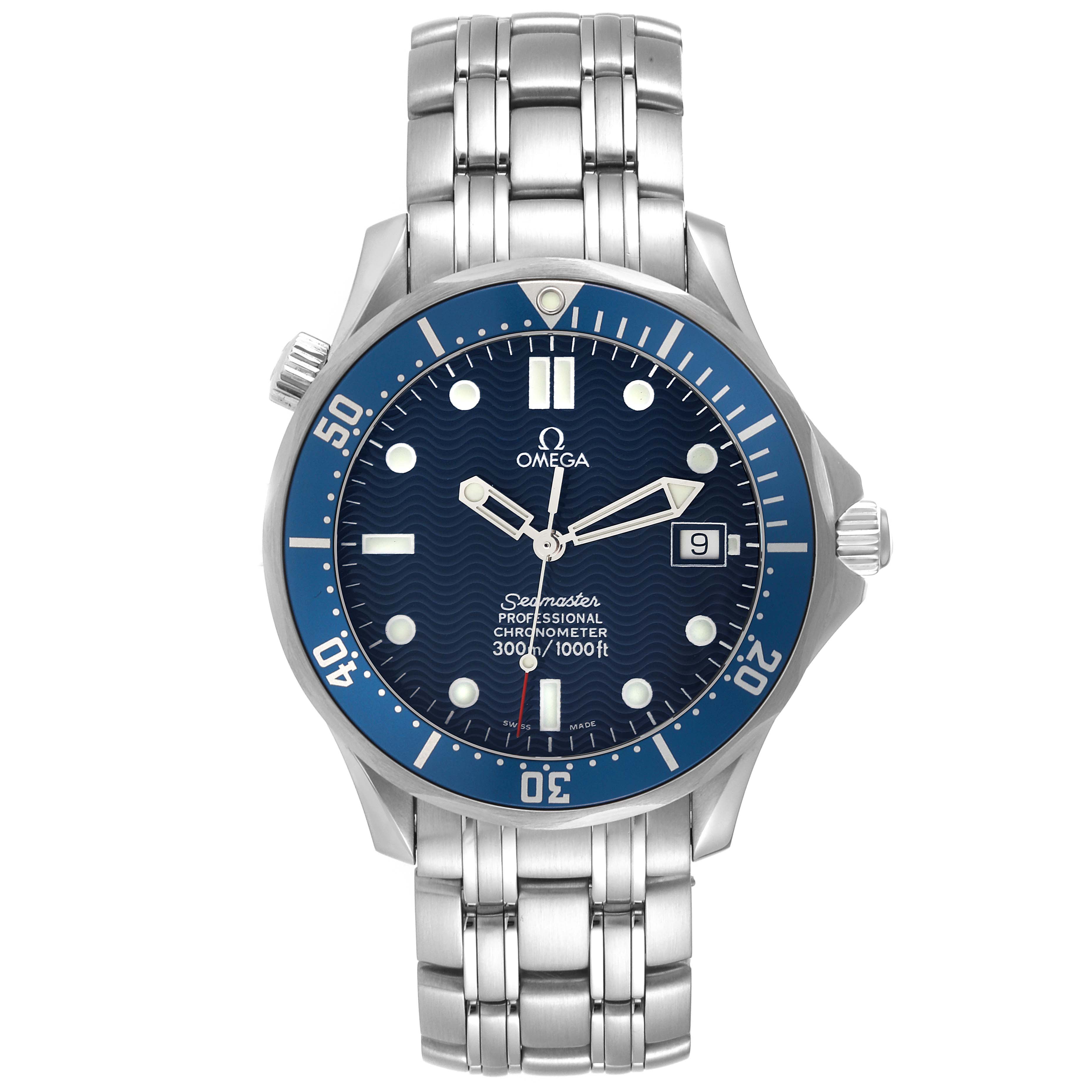 The image shows a front view of the Omega Seamaster 2531.80.00 Men
s Stainless Steel Blue Dial 2531.80.00 Men
s Stainless Steel Blue Dial watch, highlighting the dial, bezel, bracelet, and crown.