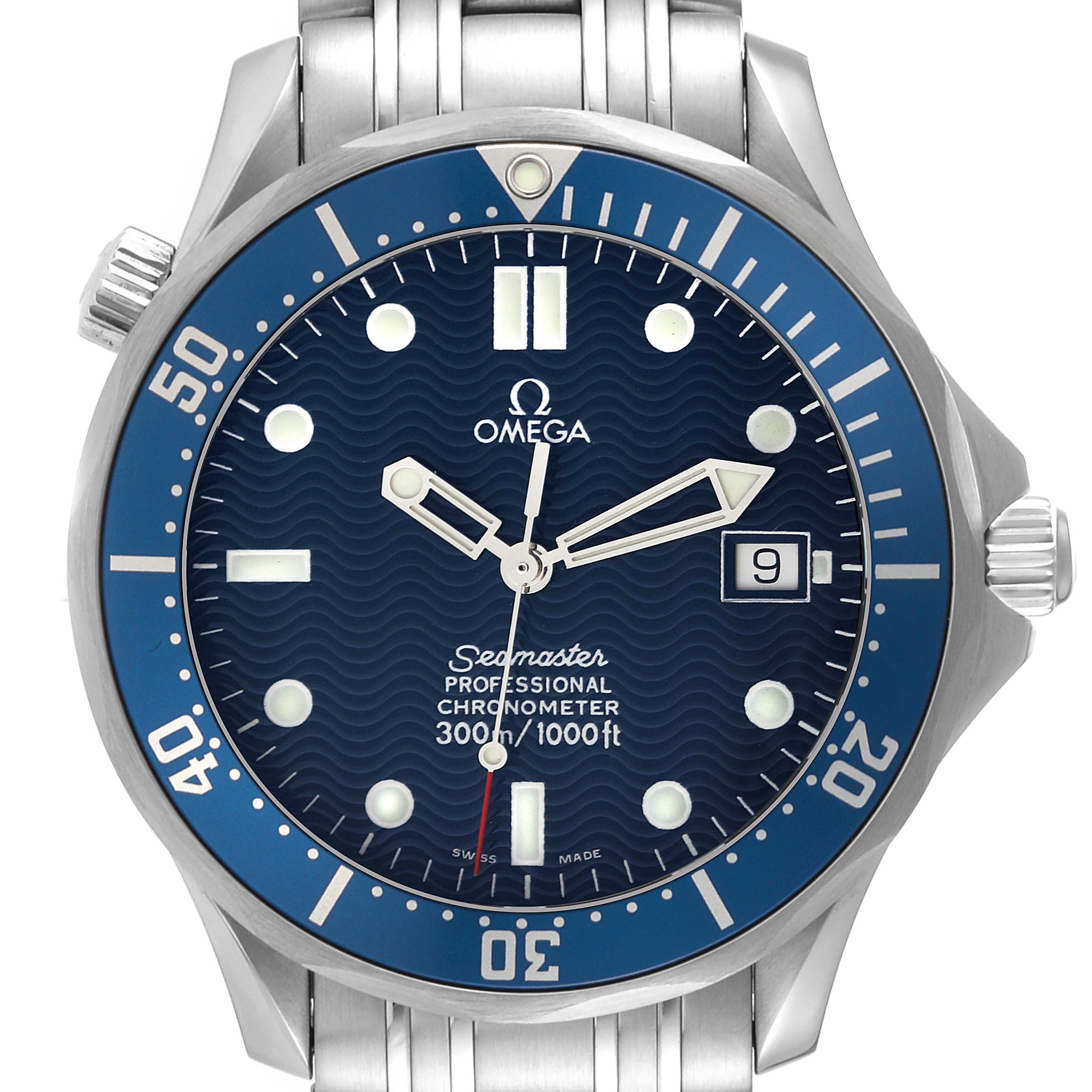 The image shows a front view of the Omega Seamaster 2531.80.00 Men
s Stainless Steel Blue Dial 2531.80.00 Men
s Stainless Steel Blue Dial watch, highlighting the blue dial, bezel, and stainless steel bracelet.