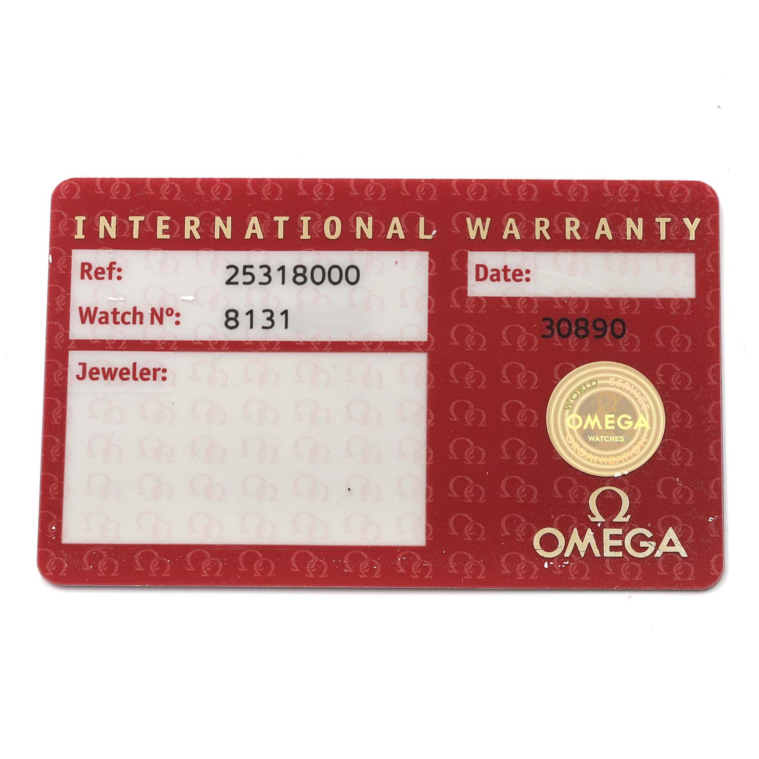 This image shows an International Warranty card for an Omega Seamaster 2531.80.00 Men
s Stainless Steel Blue Dial 2531.80.00 Men
s Stainless Steel Blue Dial watch, featuring reference and watch numbers.