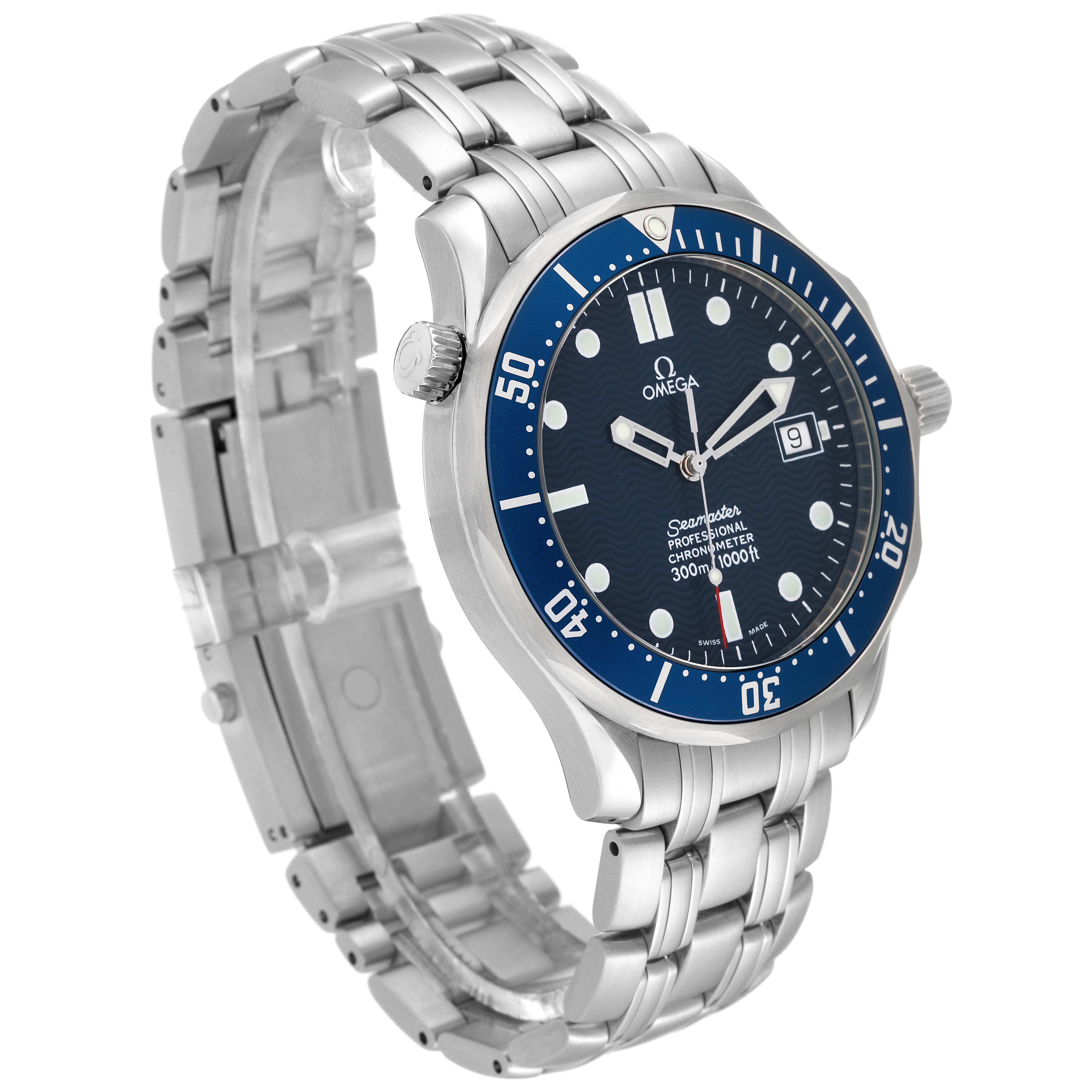 The image shows an angled side view of an Omega Seamaster 2531.80.00 Men
s Stainless Steel Blue Dial 2531.80.00 Men
s Stainless Steel Blue Dial watch, highlighting the face, bezel, and bracelet.