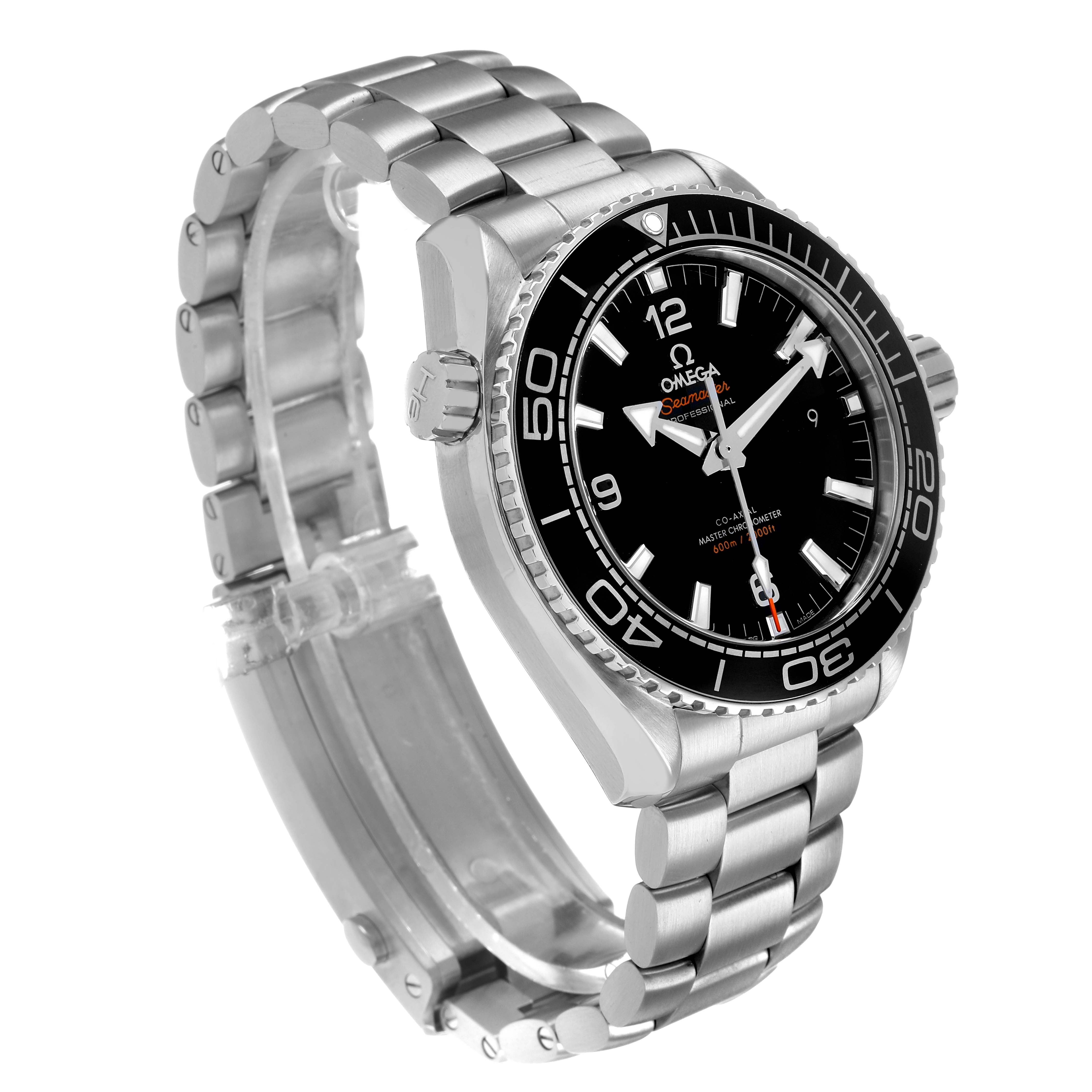 The Omega Planet Ocean 215.30.44.21.01.001 Men's Stainless Steel Black Dial watch is shown at a three-quarter angle, highlighting the dial, bezel, crown, and stainless steel bracelet.