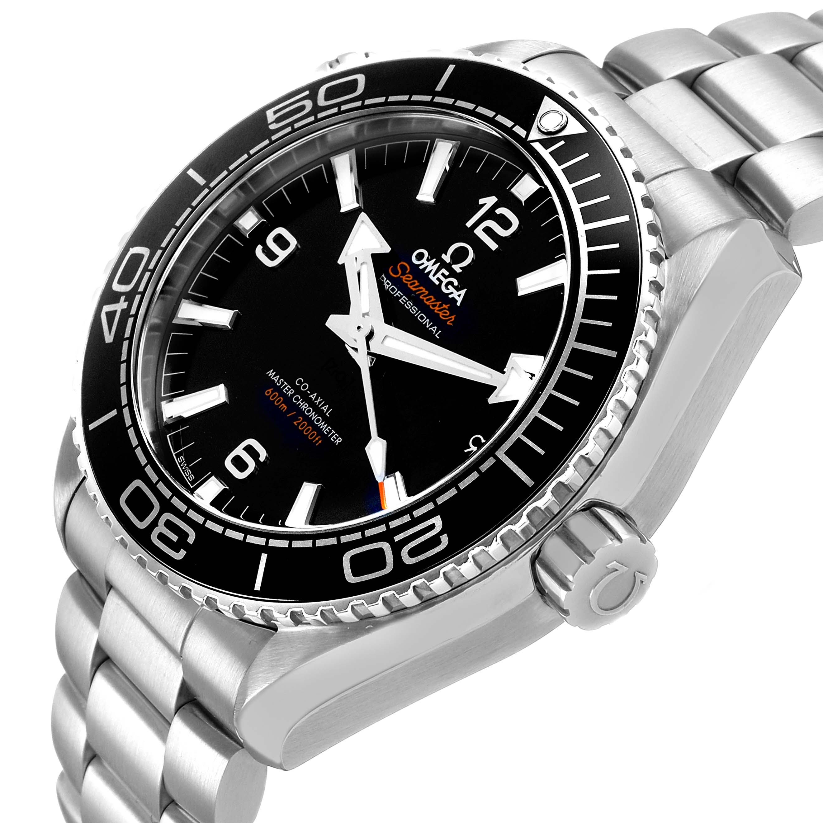 The Omega Planet Ocean 215.30.44.21.01.001 Men's Stainless Steel Black Dial watch is shown at a side angle, displaying the face, bezel, crown, and part of the bracelet.