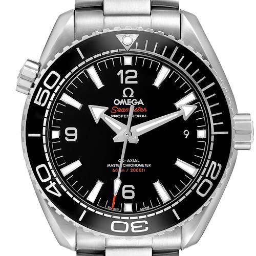 The Omega Planet Ocean 215.30.44.21.01.001 Men's Stainless Steel Black Dial watch is shown from the front, highlighting the bezel, face, and band connection.