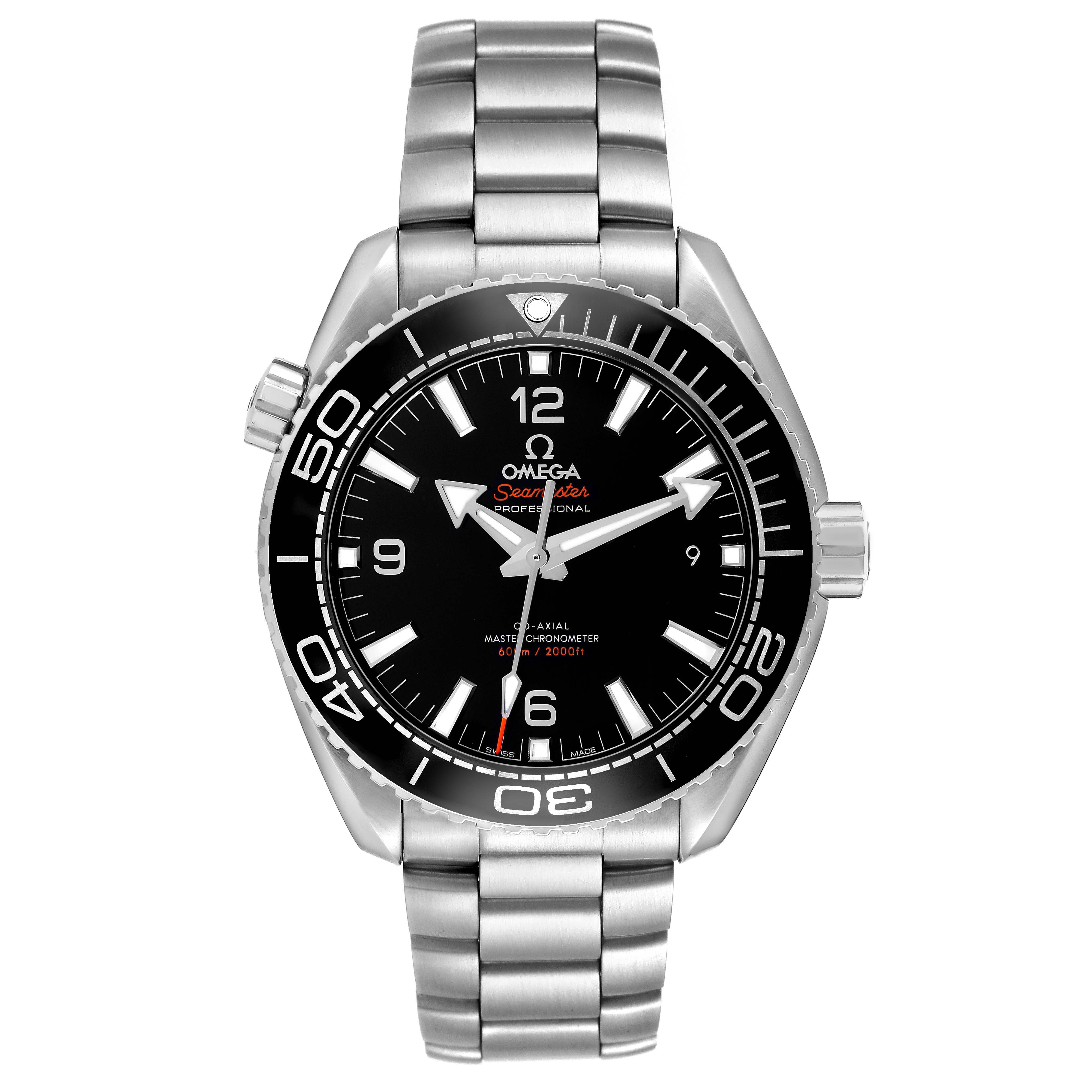 The Omega Planet Ocean 215.30.44.21.01.001 Men's Stainless Steel Black Dial watch is shown from the front, displaying the dial, bezel, bracelet, and crown.