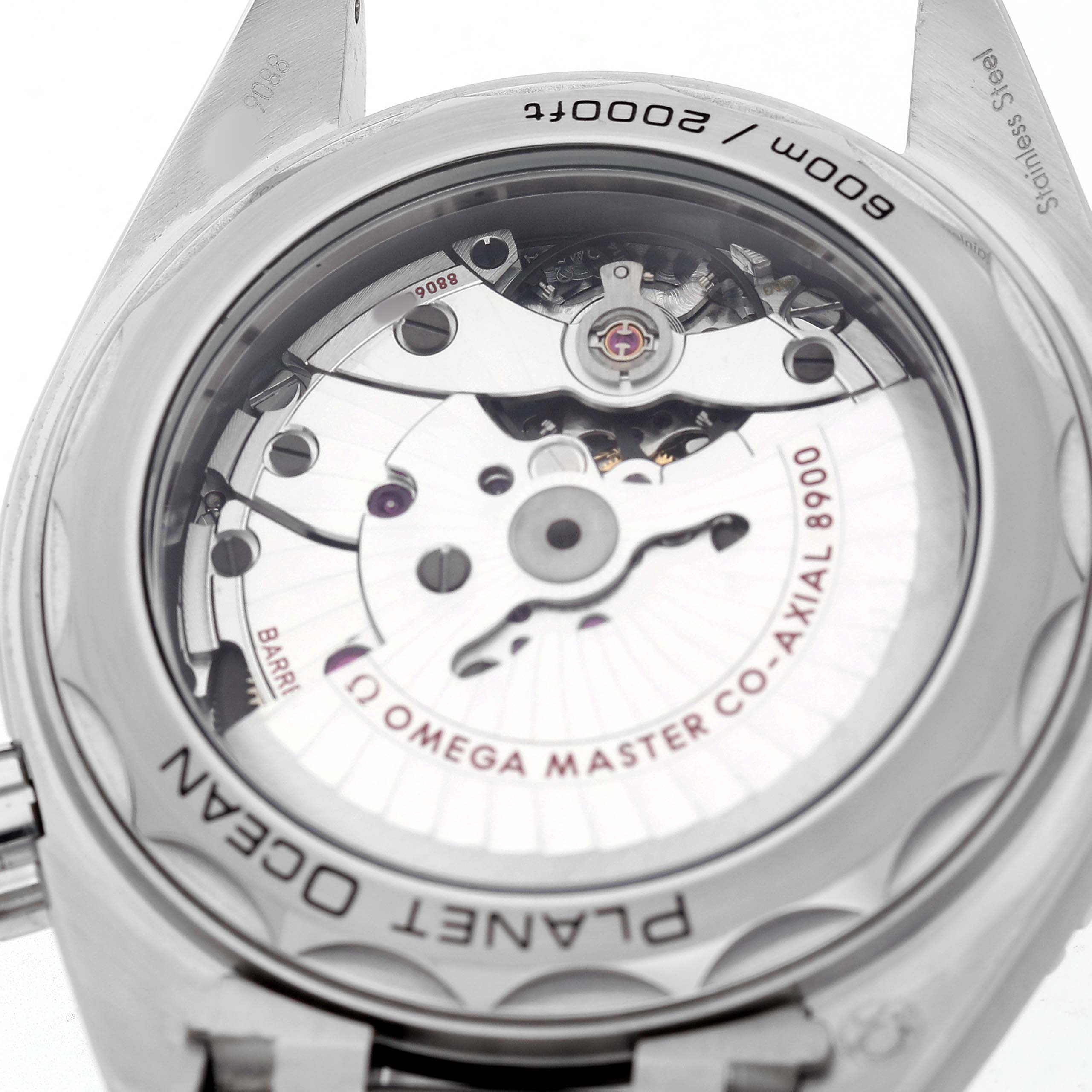 The image shows the open case back of the Omega Planet Ocean 215.30.44.21.01.001 Men's Stainless Steel Black Dial, revealing the Co-Axial 8900 movement.