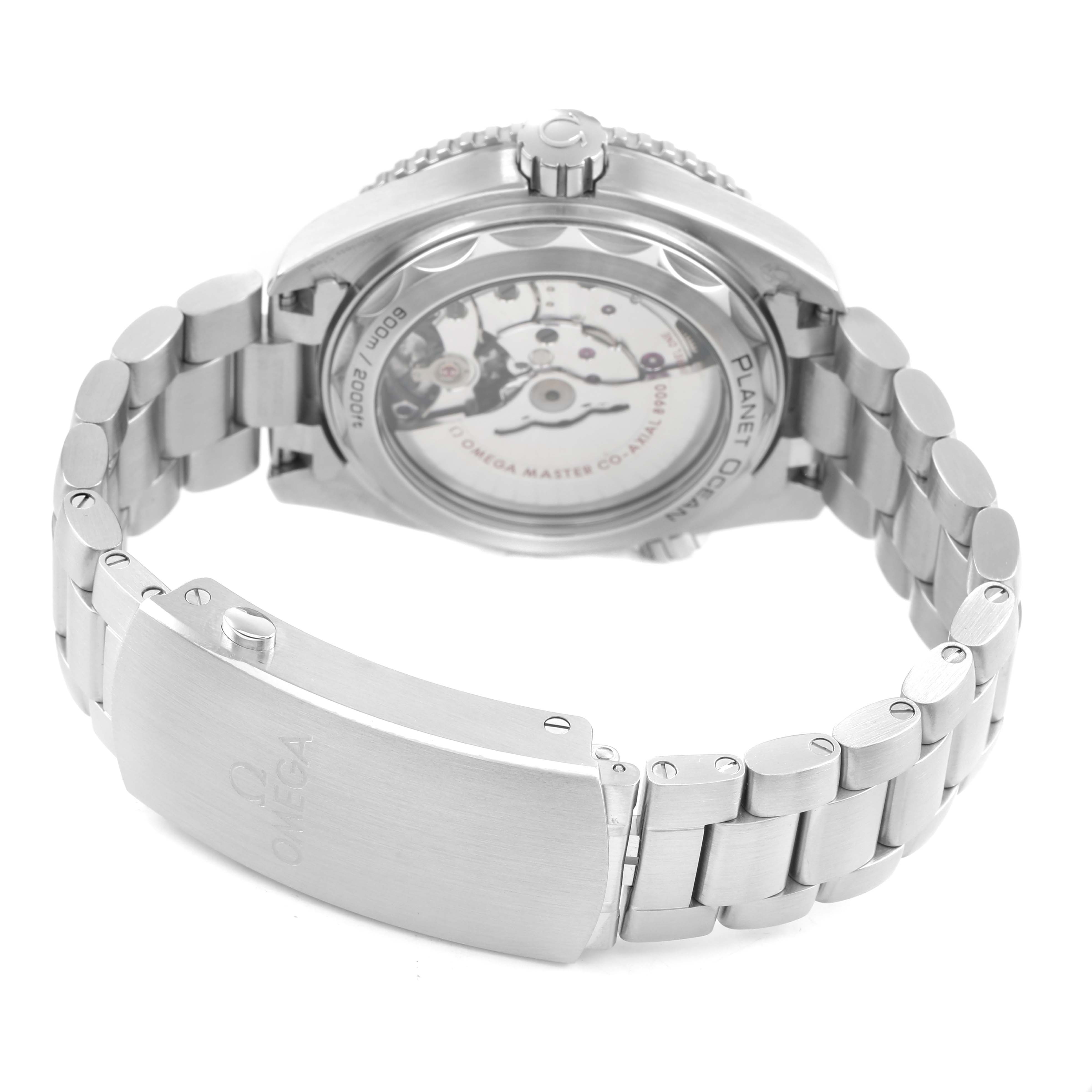 The Omega Planet Ocean 215.30.44.21.01.001 Men's Stainless Steel Black Dial watch is shown from the back, displaying the case back, bracelet, clasp, and part of the movement.