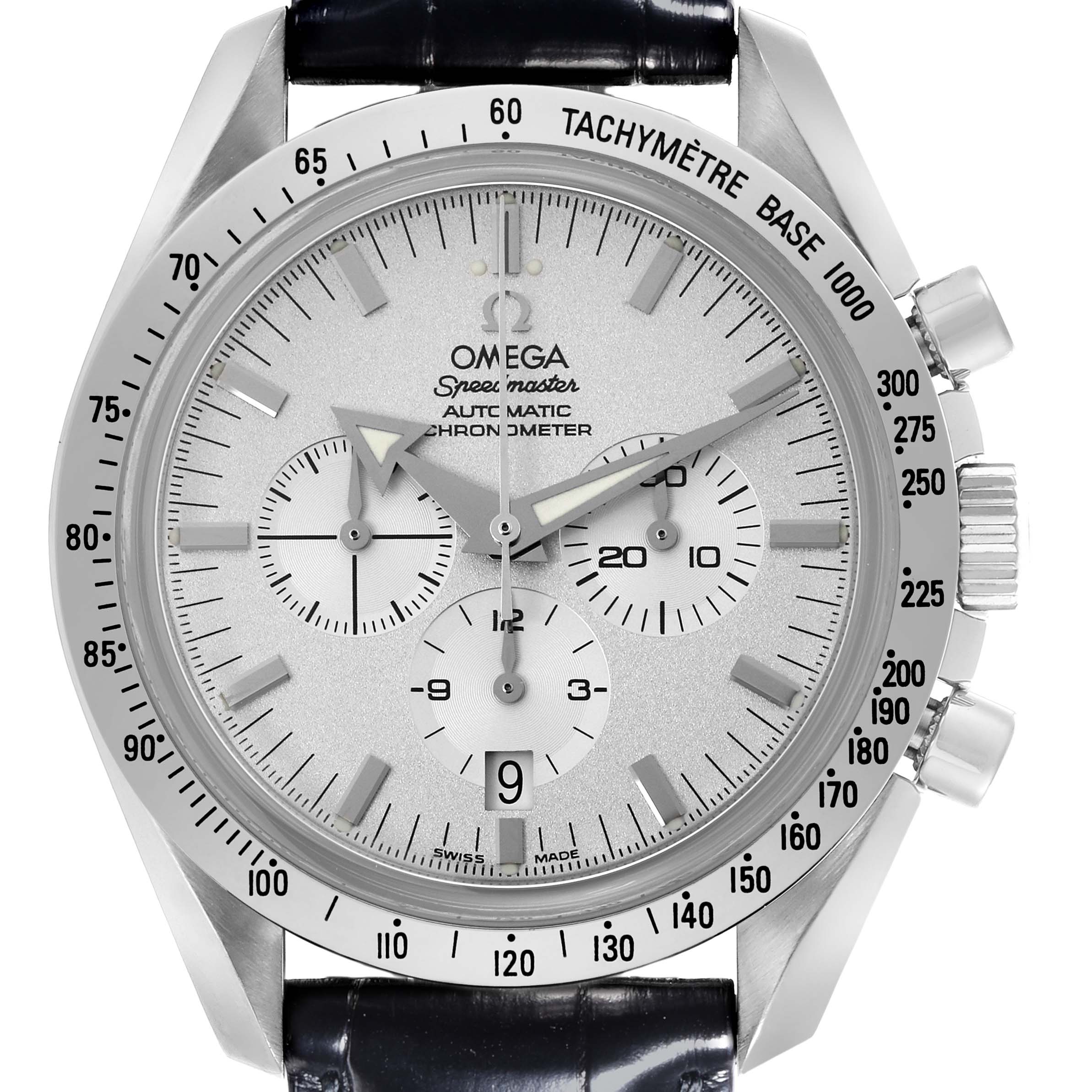 The Omega Speedmaster 3652.30.31 Men's White Gold Silver Dial 3652.30.31 Men's White Gold Silver Dial watch is shown from a front angle, highlighting the dial, bezel, and pushers.
