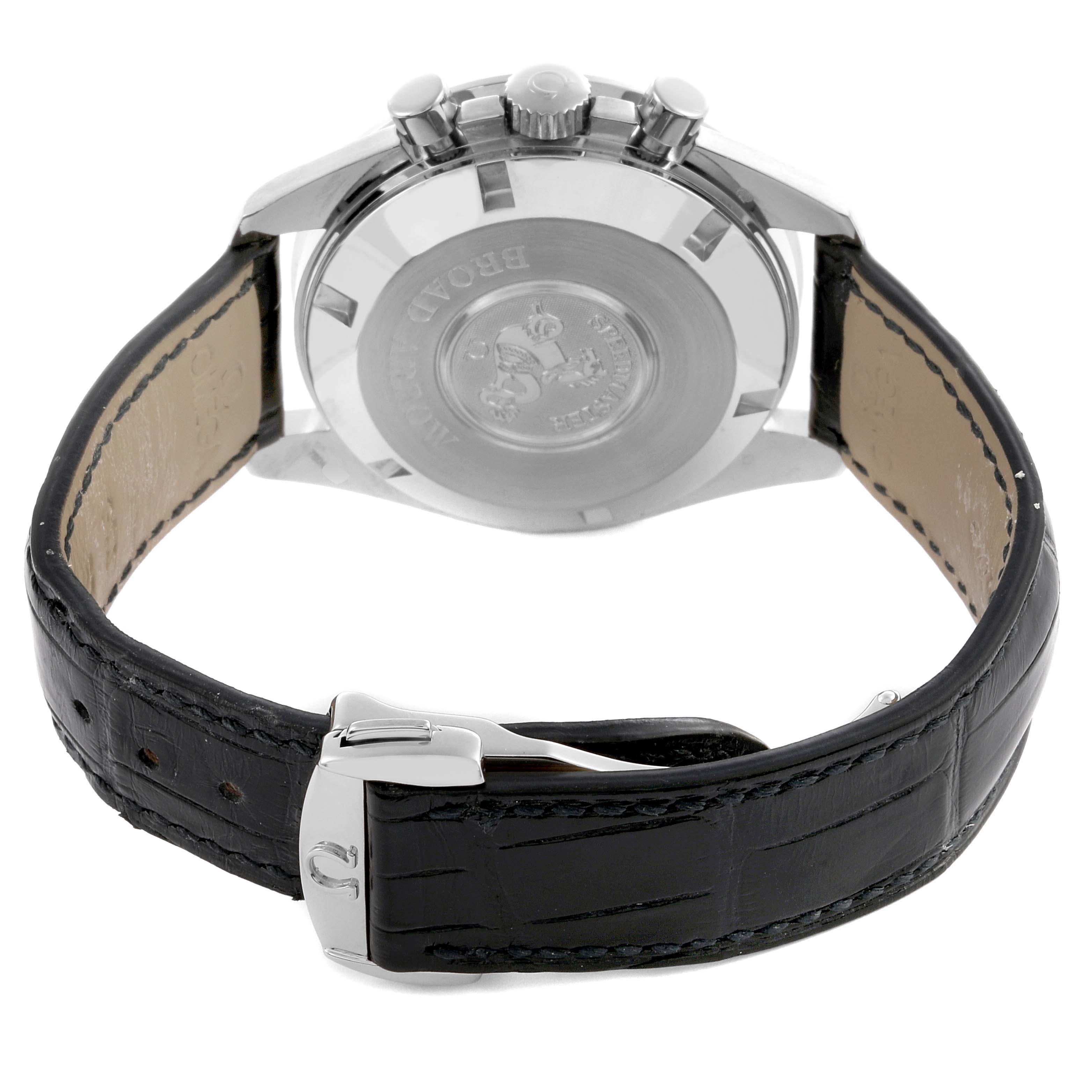 The Omega Speedmaster 3652.30.31 Men's White Gold Silver Dial 3652.30.31 Men's White Gold Silver Dial watch is shown from the back, displaying the case back, crown, pushers, and black leather strap with a clasp.