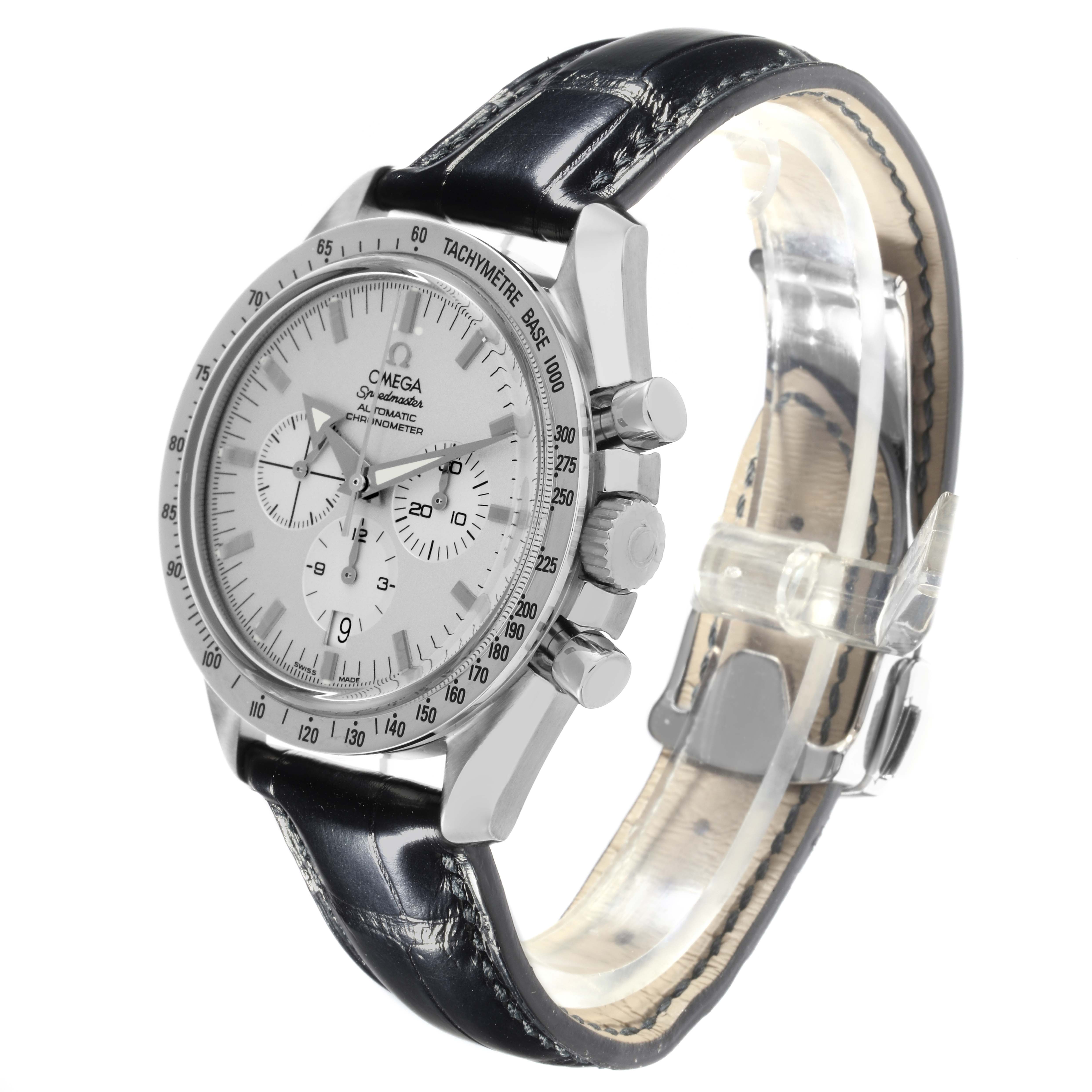 The Omega Speedmaster 3652.30.31 Men's White Gold Silver Dial 3652.30.31 Men's White Gold Silver Dial watch is shown at an angle highlighting the dial, bezel, pushers, and leather strap.