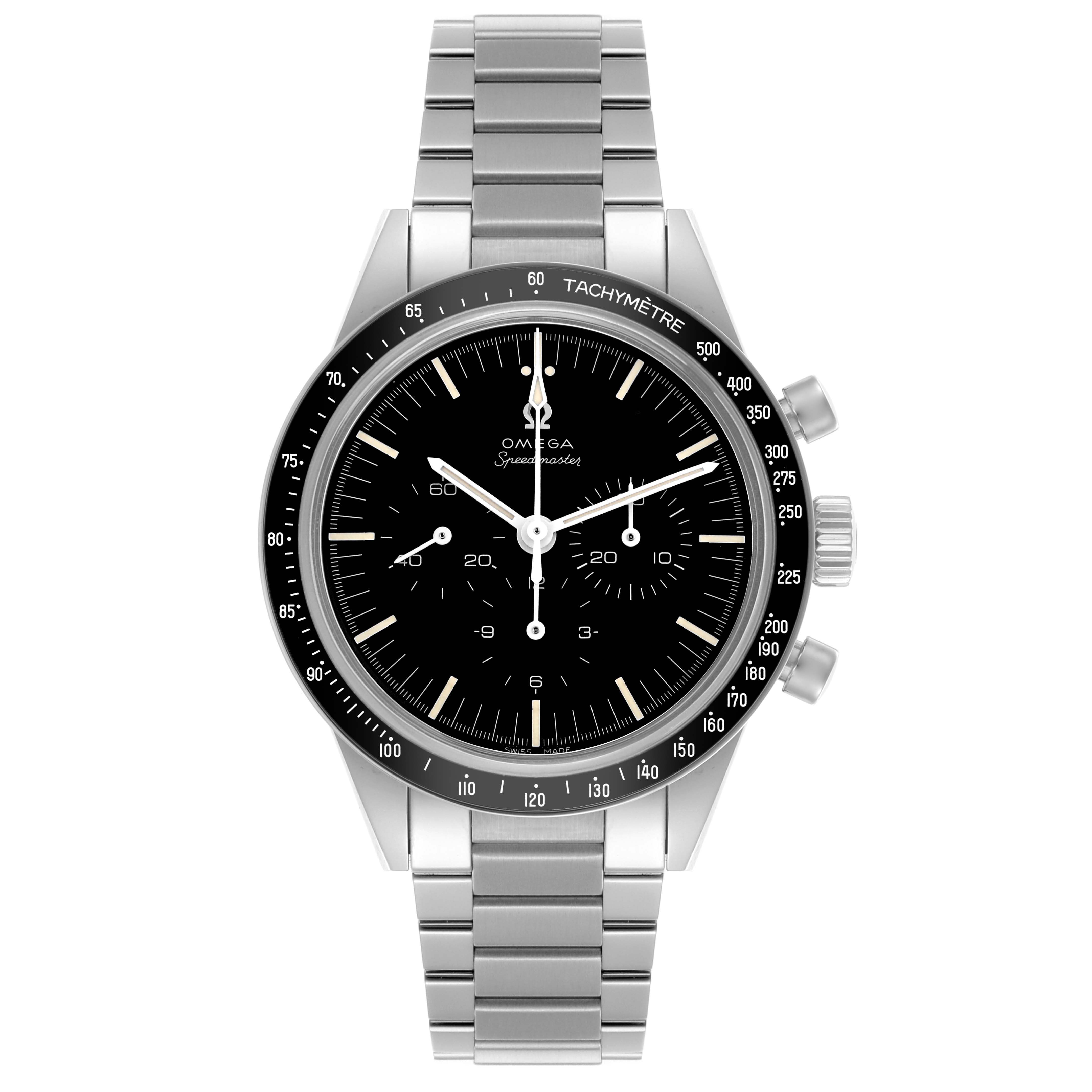 The Omega Speedmaster 311.30.40.30.01.001 Men's Stainless Steel Black Dial 311.30.40.30.01.001 Men's Stainless Steel Black Dial watch is shown from a top view, displaying its bezel, dial, and stainless steel bracelet.