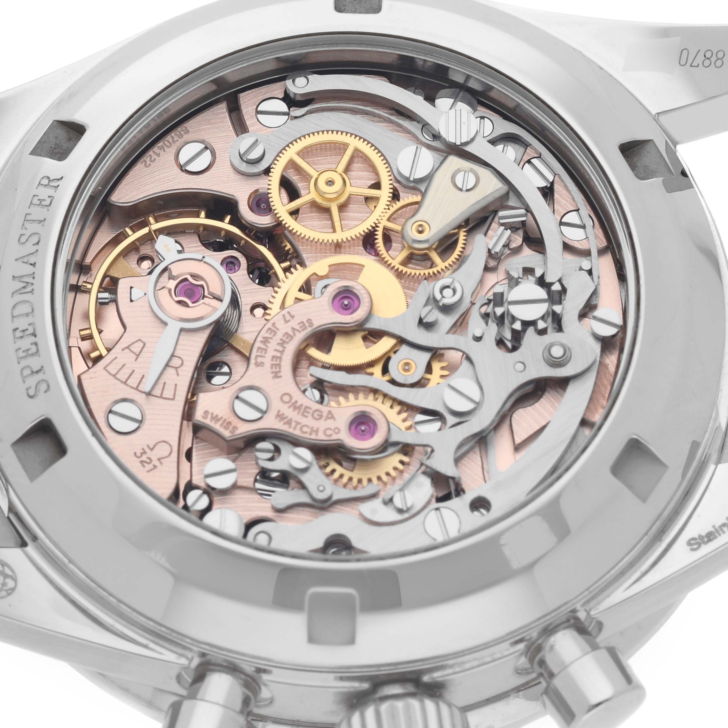 The image shows the back of an Omega Speedmaster 311.30.40.30.01.001 Men's Stainless Steel Black Dial 311.30.40.30.01.001 Men's Stainless Steel Black Dial, highlighting its intricate mechanical movement and gears.