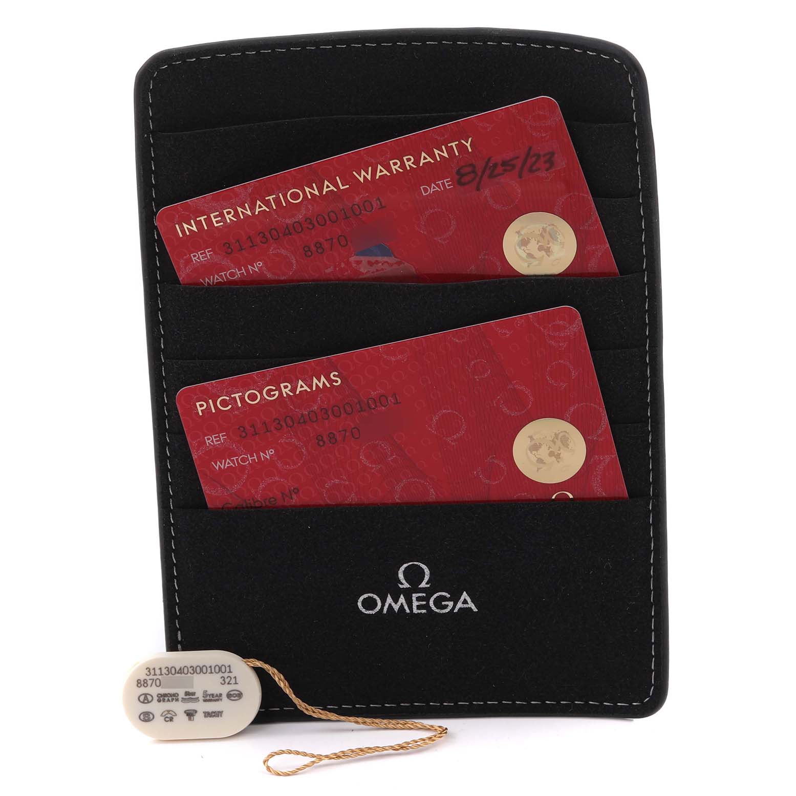 The image shows the Omega Speedmaster 311.30.40.30.01.001 Men's Stainless Steel Black Dial 311.30.40.30.01.001 Men's Stainless Steel Black Dial's warranty and pictograms cards in a holder, along with a tag displaying model details.