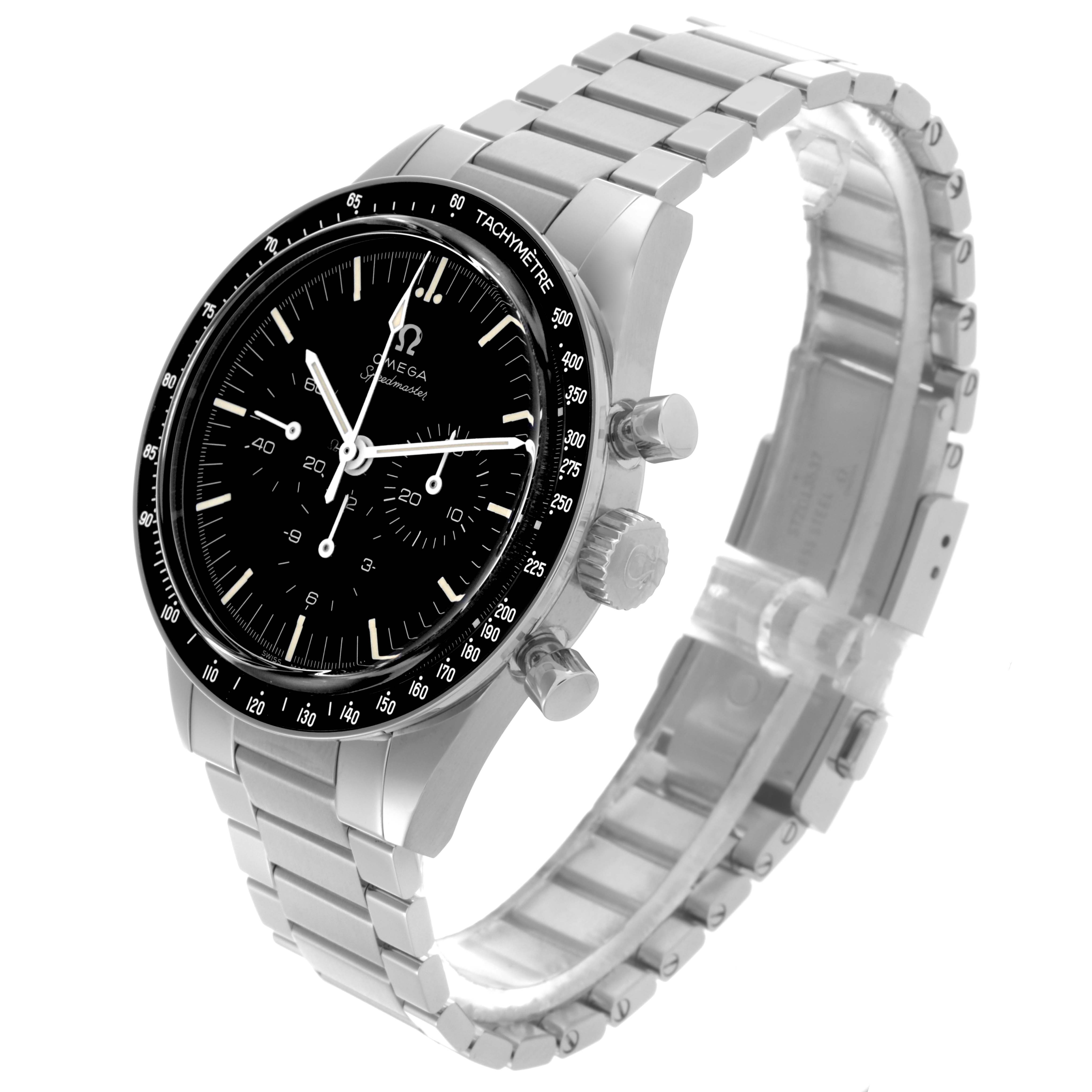 The Omega Speedmaster 311.30.40.30.01.001 Men's Stainless Steel Black Dial 311.30.40.30.01.001 Men's Stainless Steel Black Dial is shown at an angled top-side view, highlighting the watch face, bezel, and bracelet.